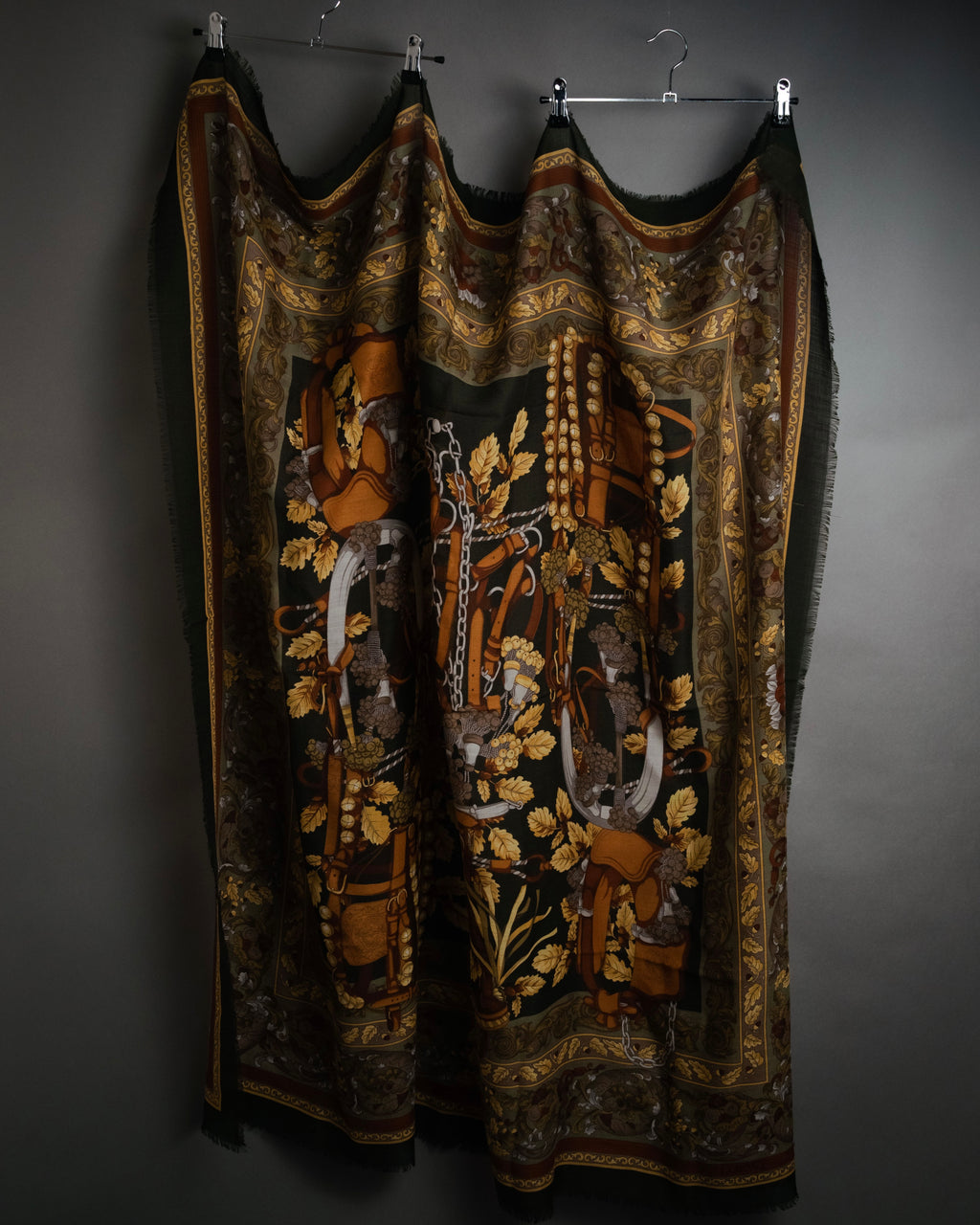 “LOEWE” 90’s–00’s Equestrian motif wool silk fringe scarf