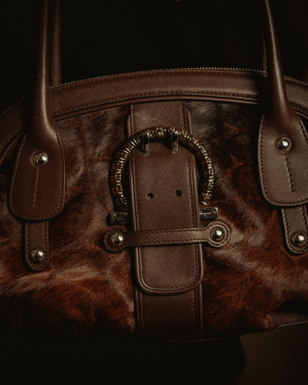 –SPECIAL– "Salvatore Ferragamo" 00’s calf hair gancini rattan accent handbag