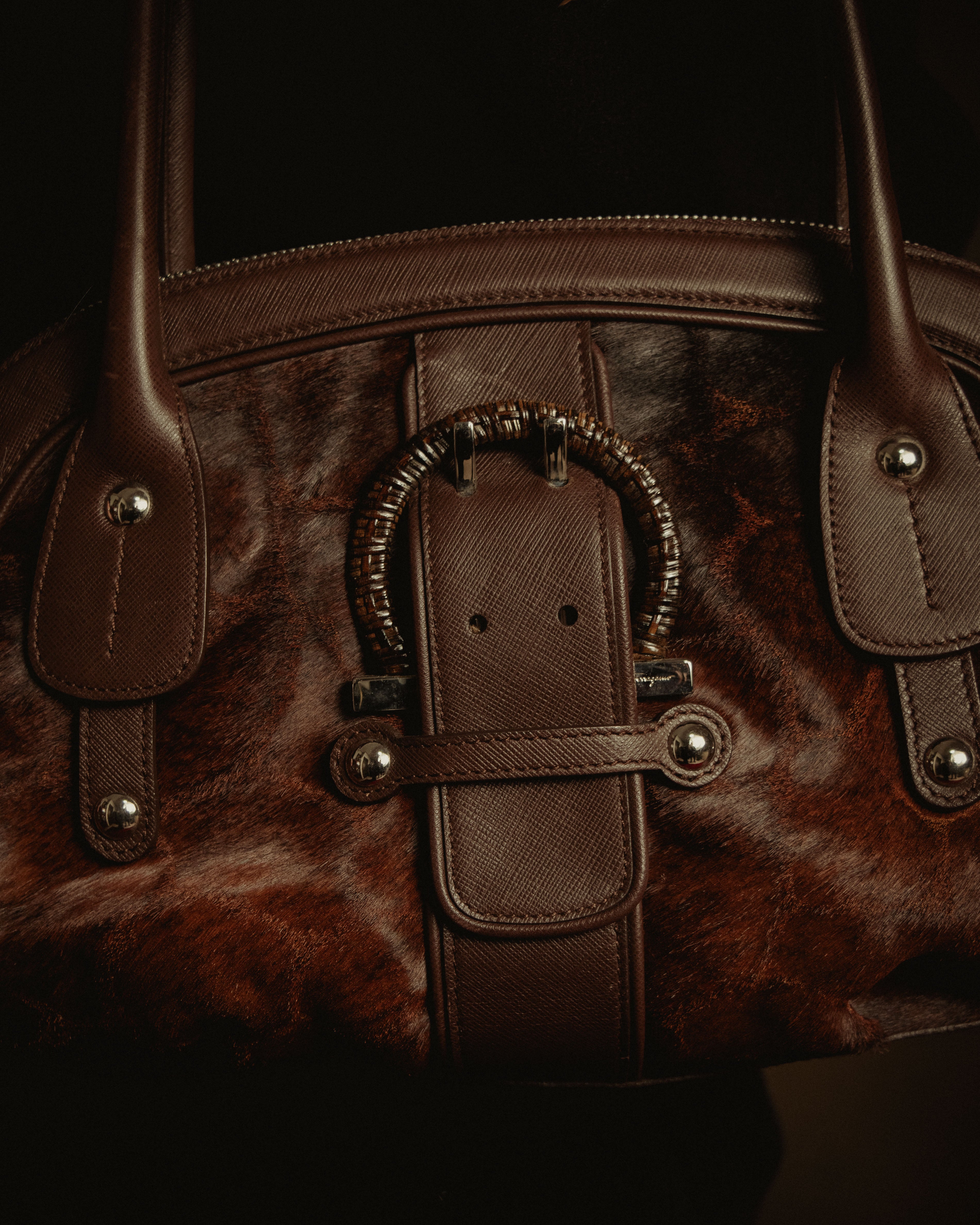 –SPECIAL– "Salvatore Ferragamo" 00’s calf hair gancini rattan accent handbag