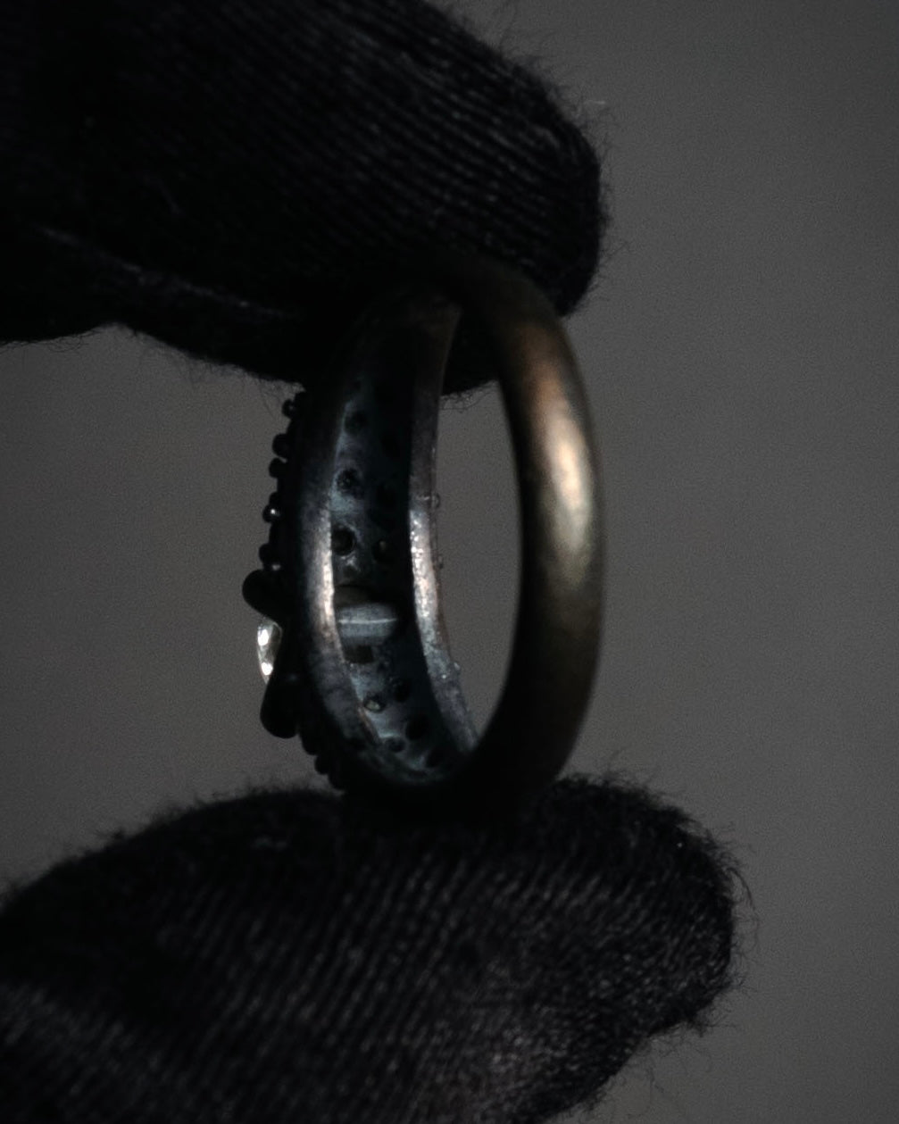 “Vintage” Textured pavé set solitaire ring