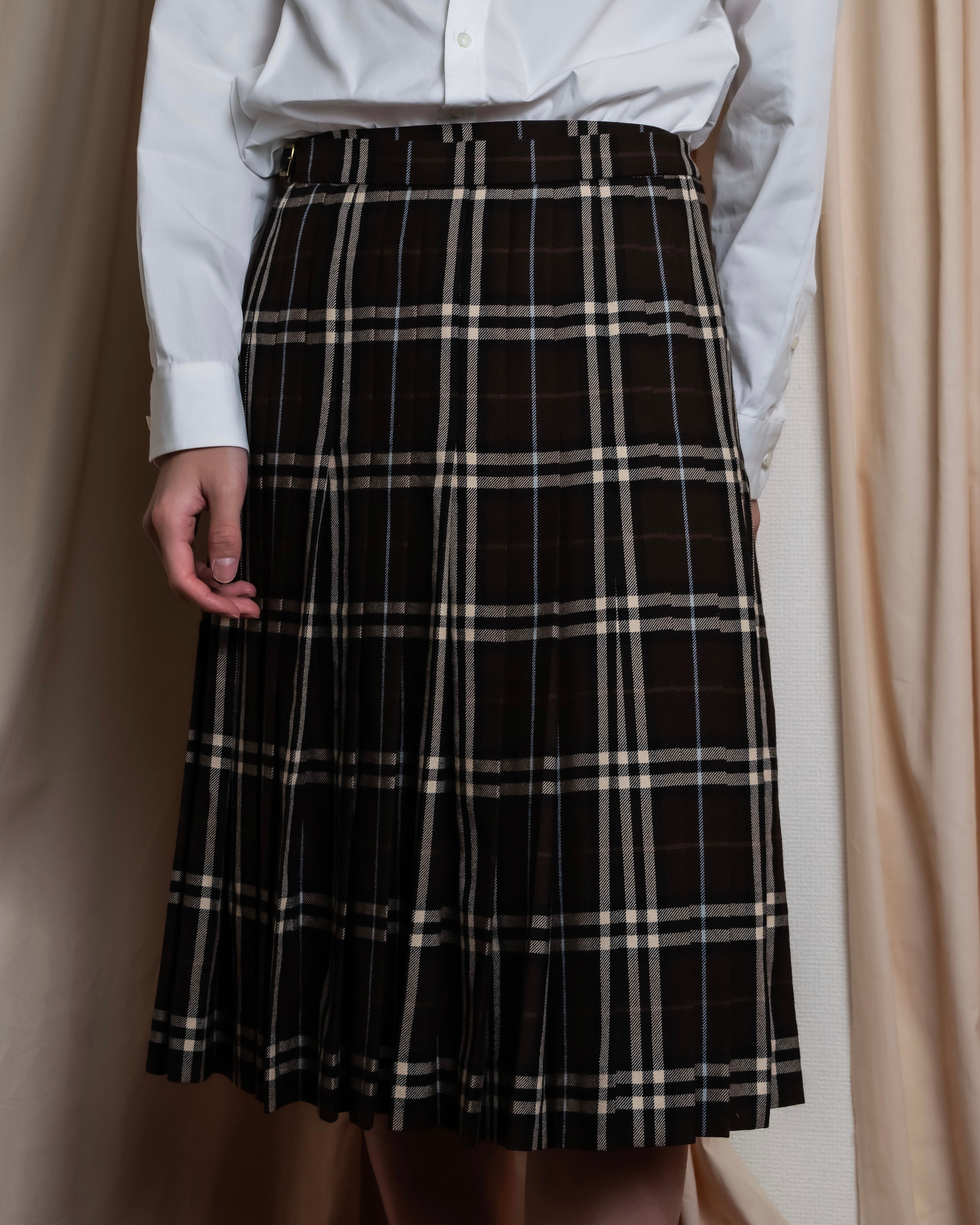"BURBERRY" Brown tartan check pleated wrap skirt