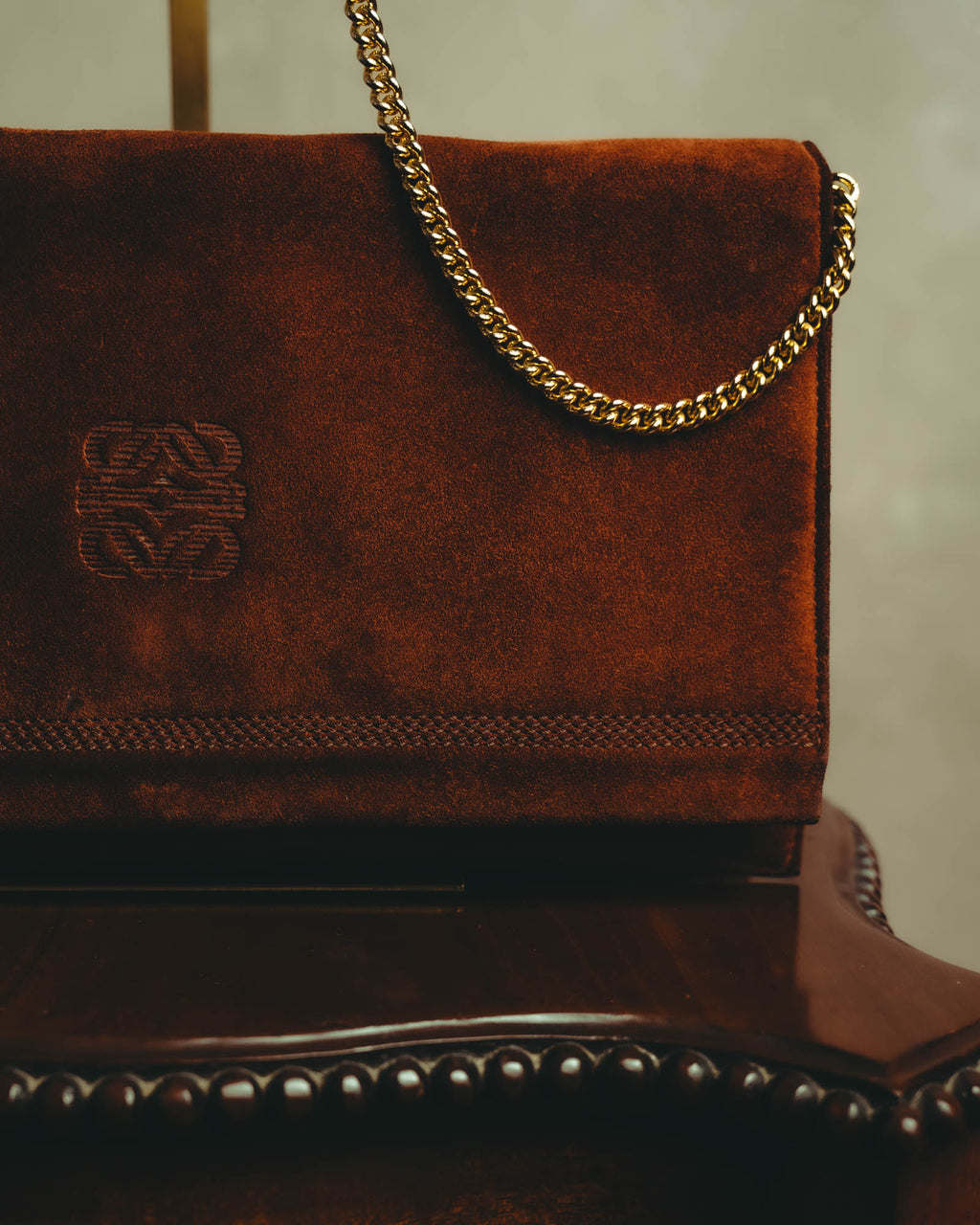 -SPECIAL- “LOEWE” 80’s-90’s embossed anagram suede shoulder bag