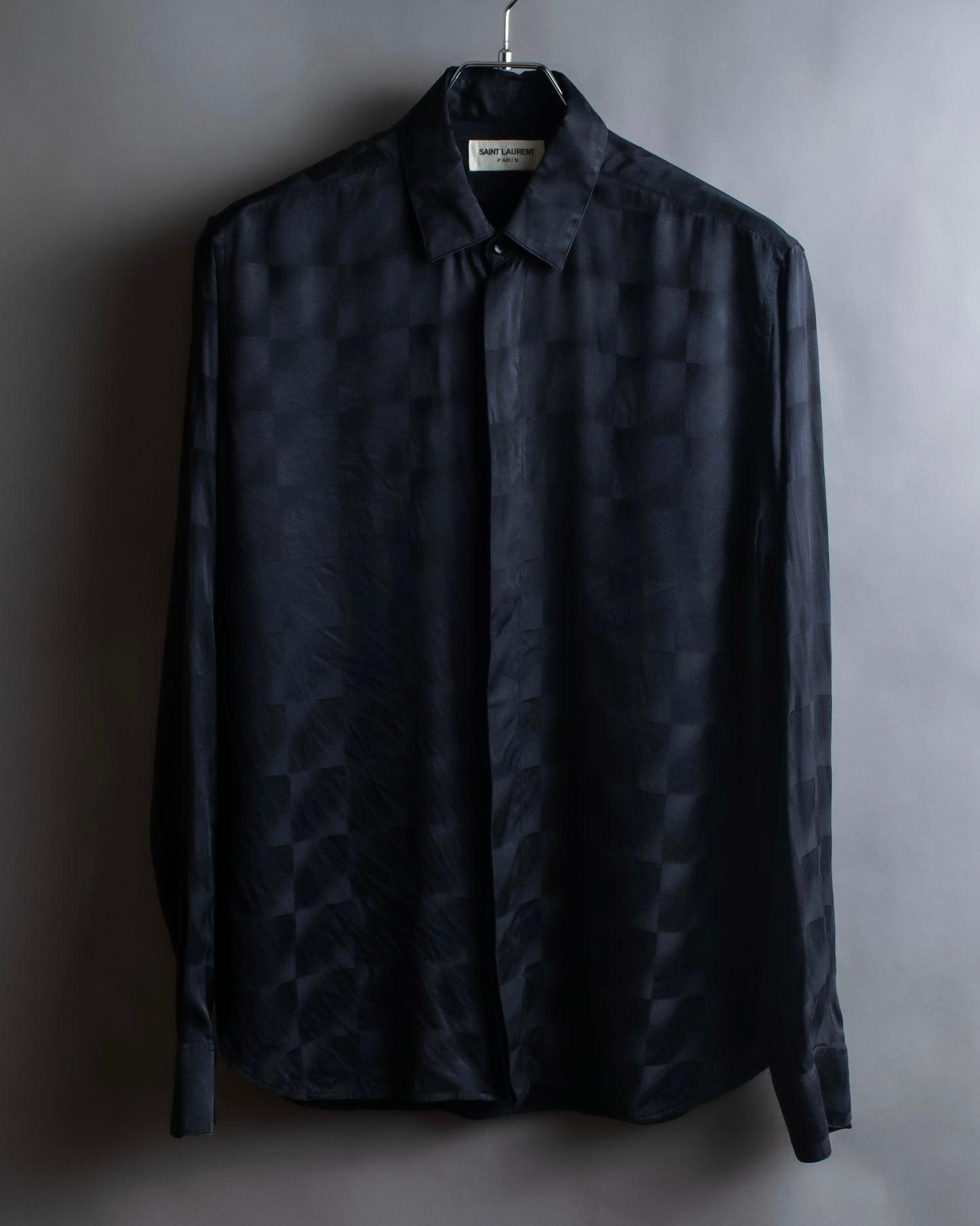 "Saint Laurent Paris" Geometric pattern fly front silk shirt