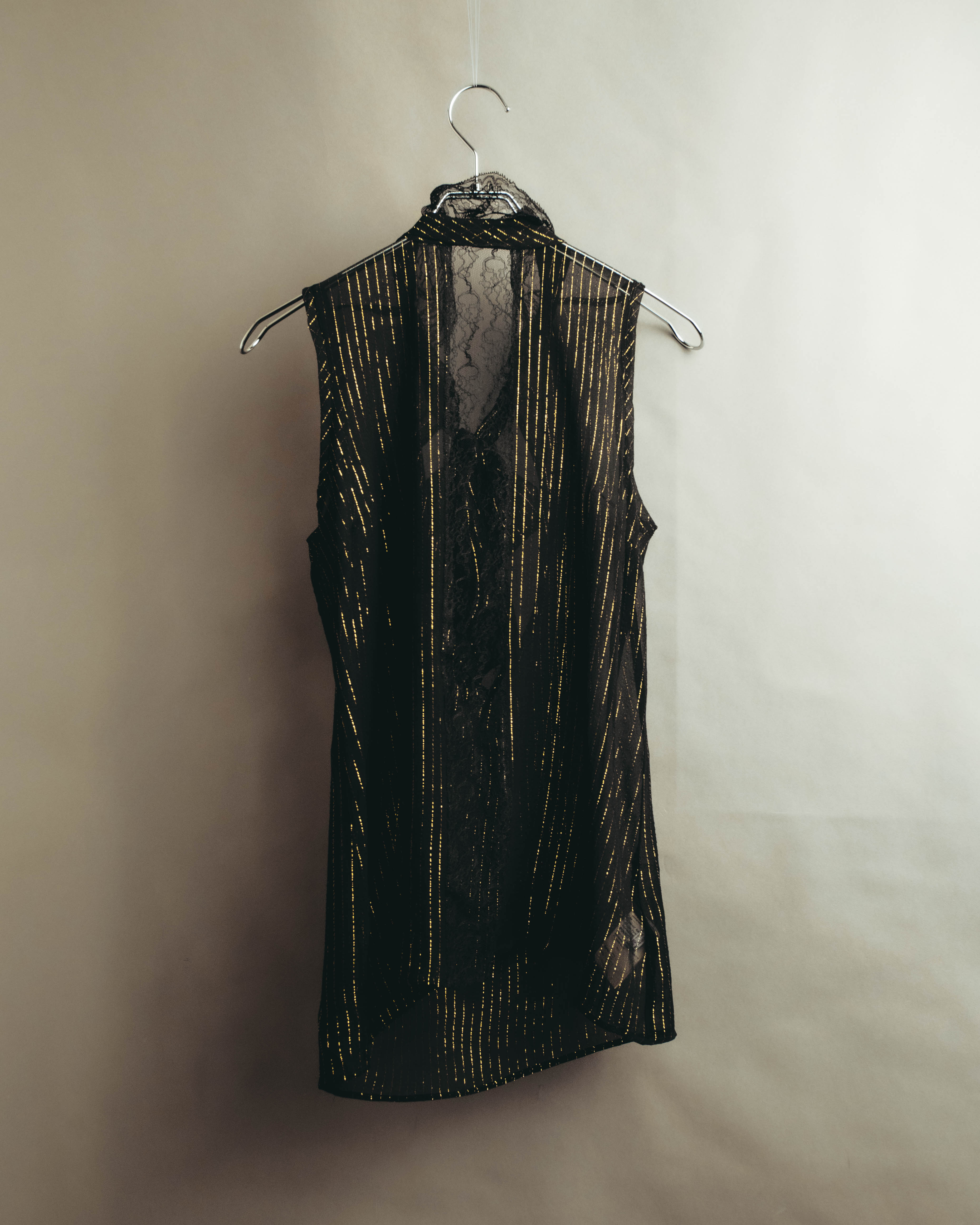 “PINKO” 2010’s Metallic striped lace georgette bow blouse