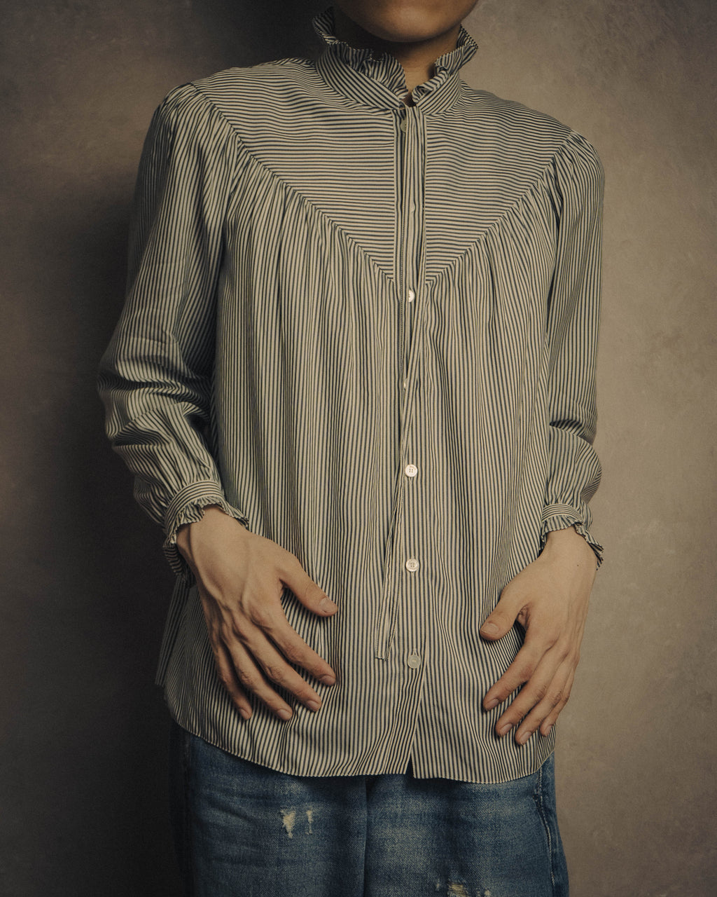 -SPECIAL- “CELINE” 2018’s silk striped ruffle bow blouse