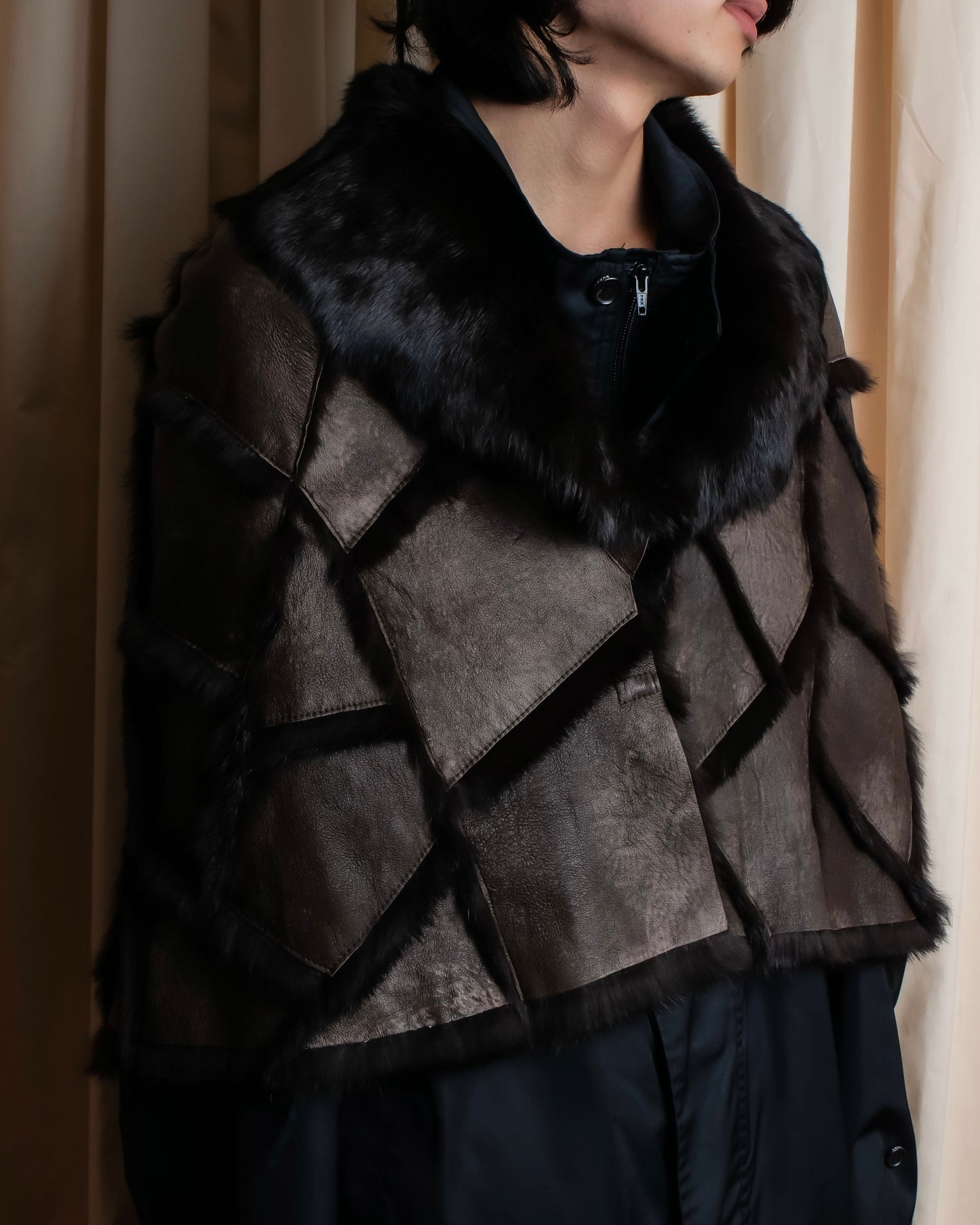 "GIVENCHY" Fur & leather used reversible short shawl collar jacket