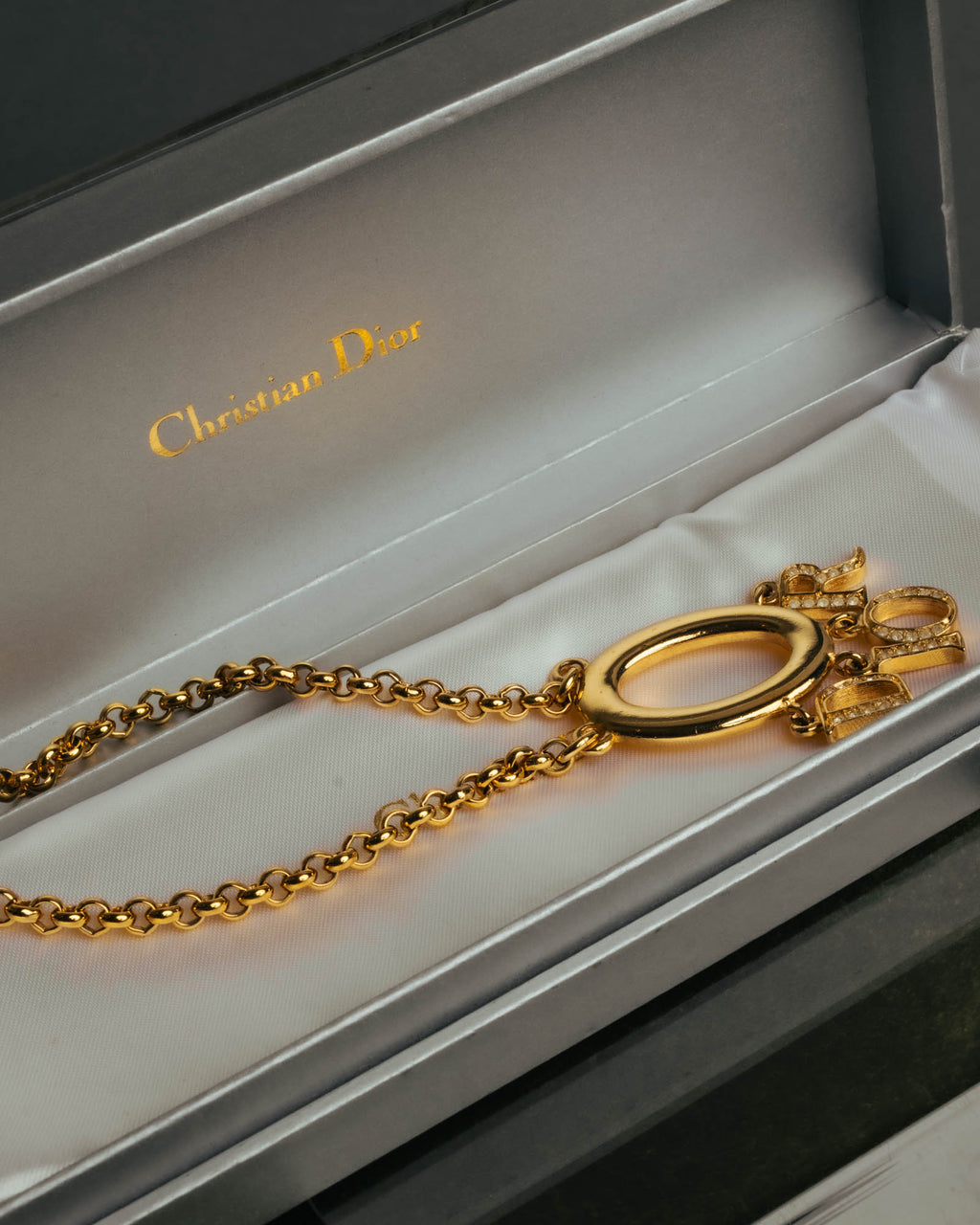 "Christian Dior" 90's-00's Gold tone logo charm pendant necklace