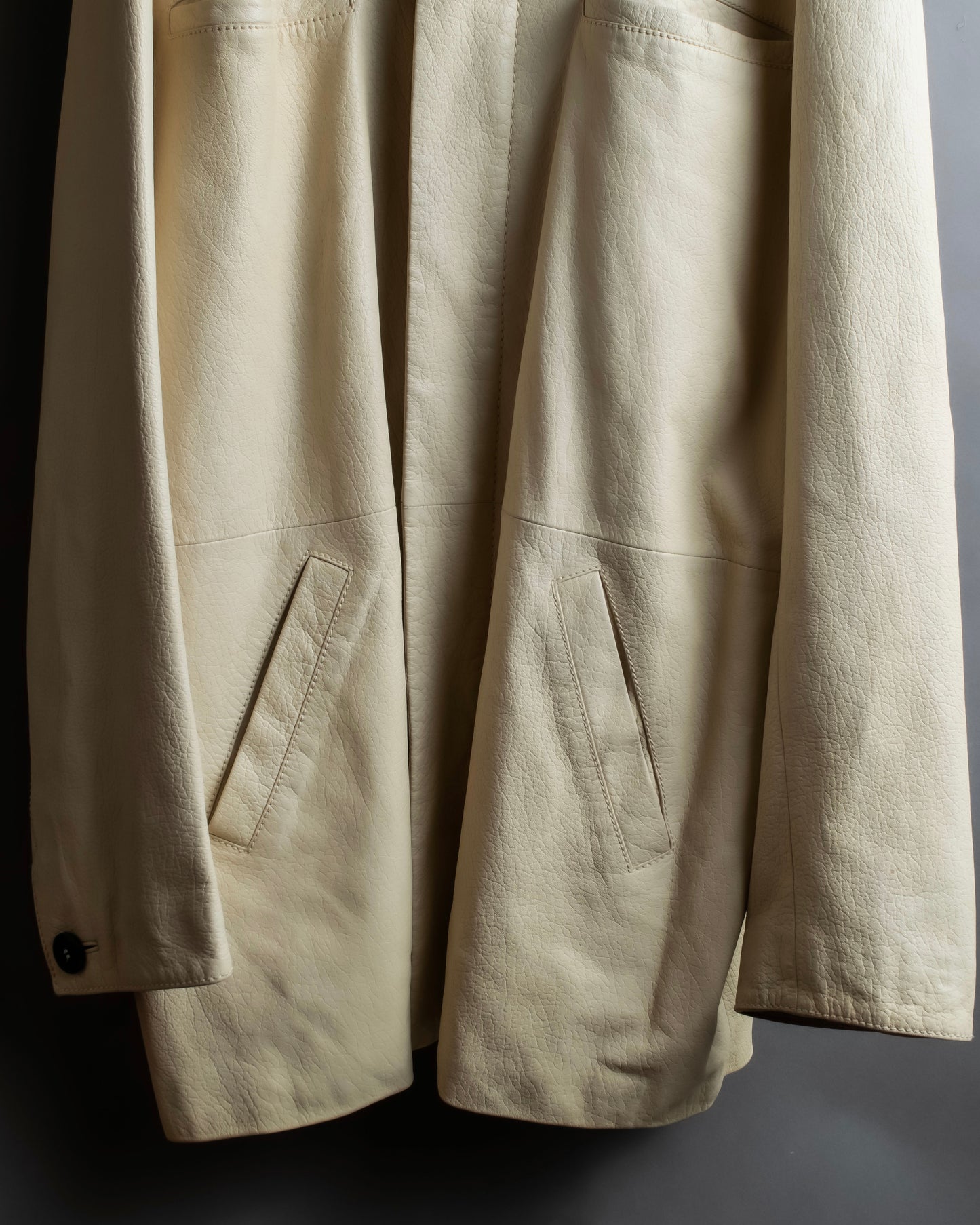 "LOEWE" 100% real leather off white color double zipper mid length coat