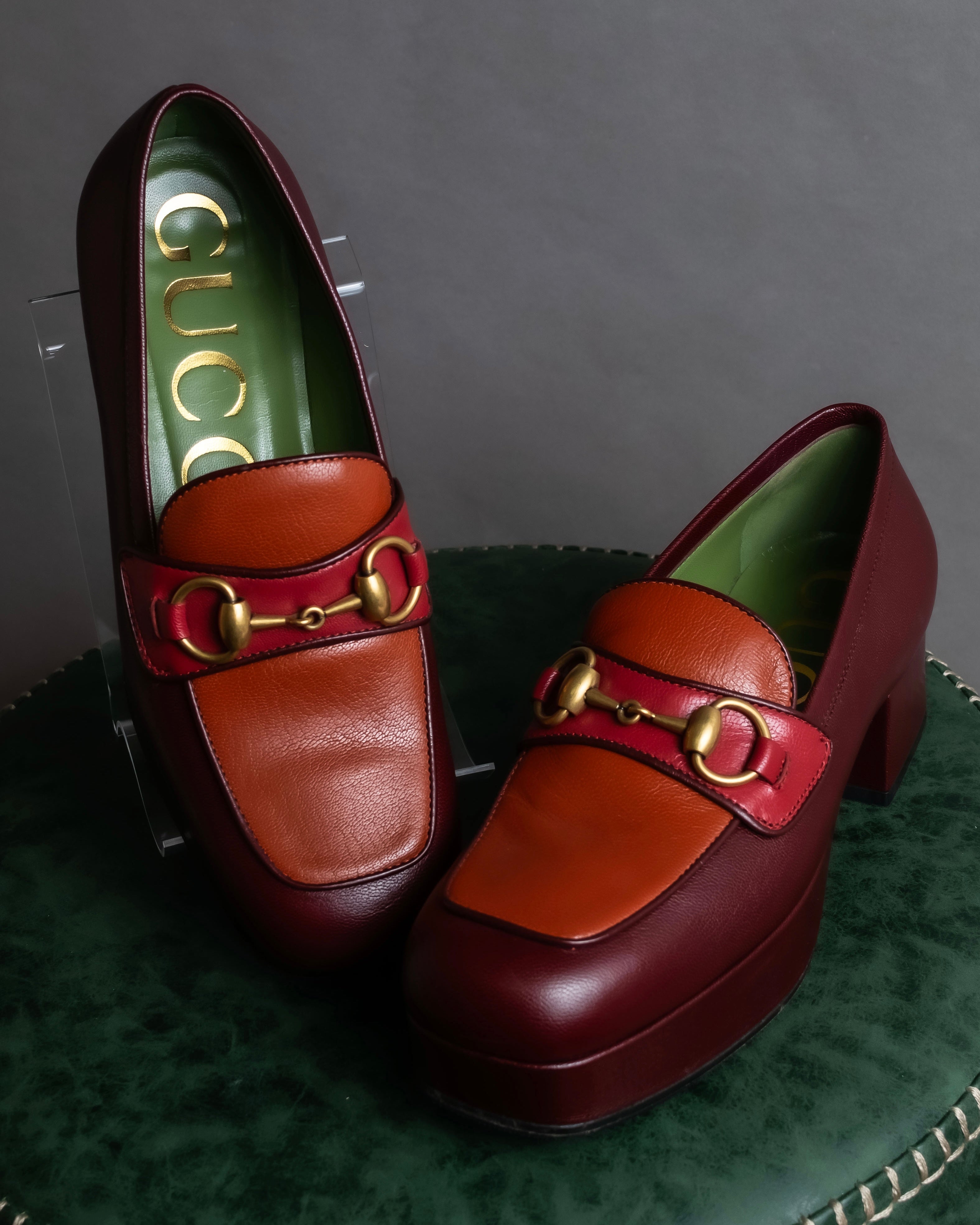 "GUCCI" Multicolor horsebit design heeled loafers