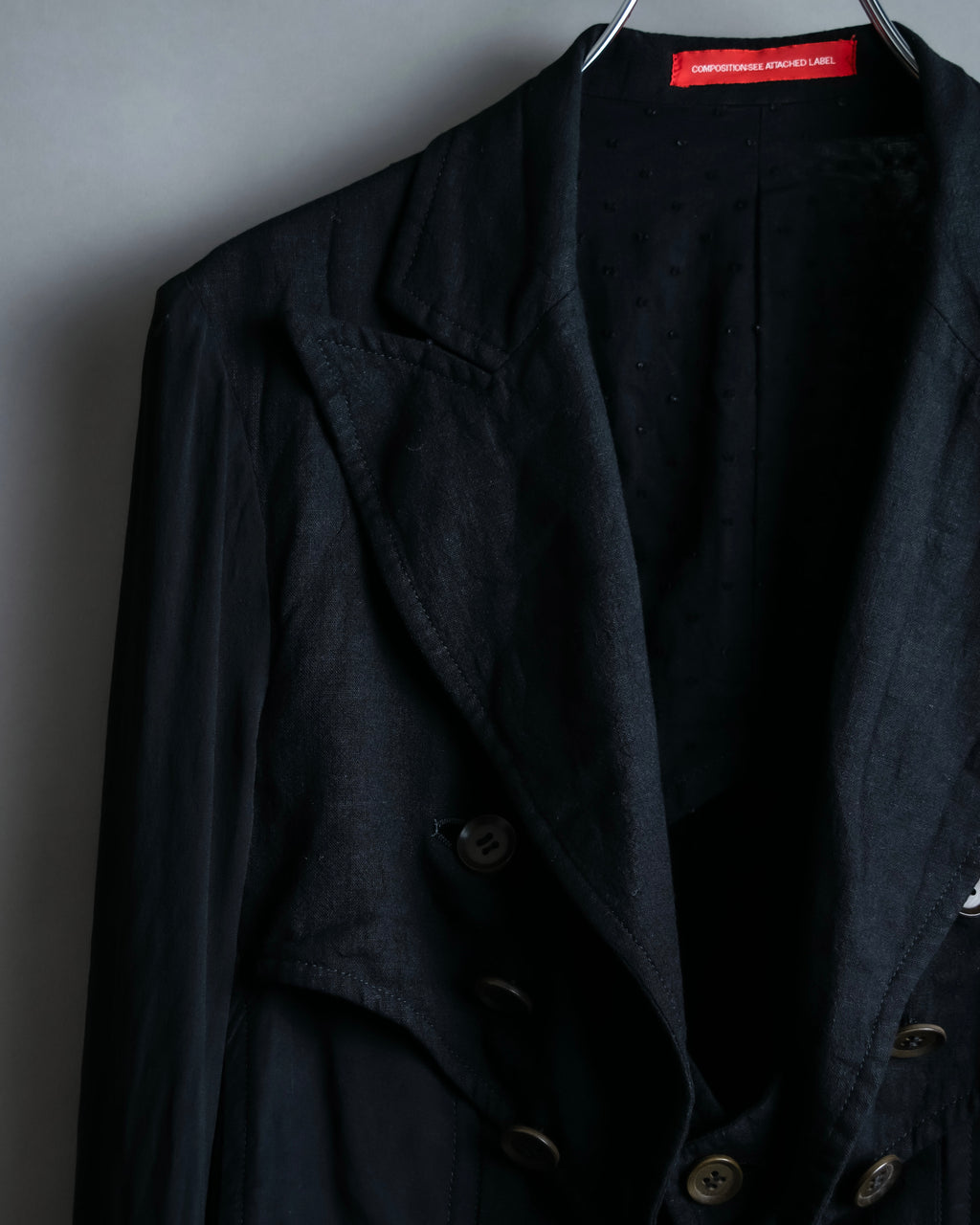 “Y’s COMPOSITION: SEE ATTACHED LABEL” Layered design multi buttons tail coat