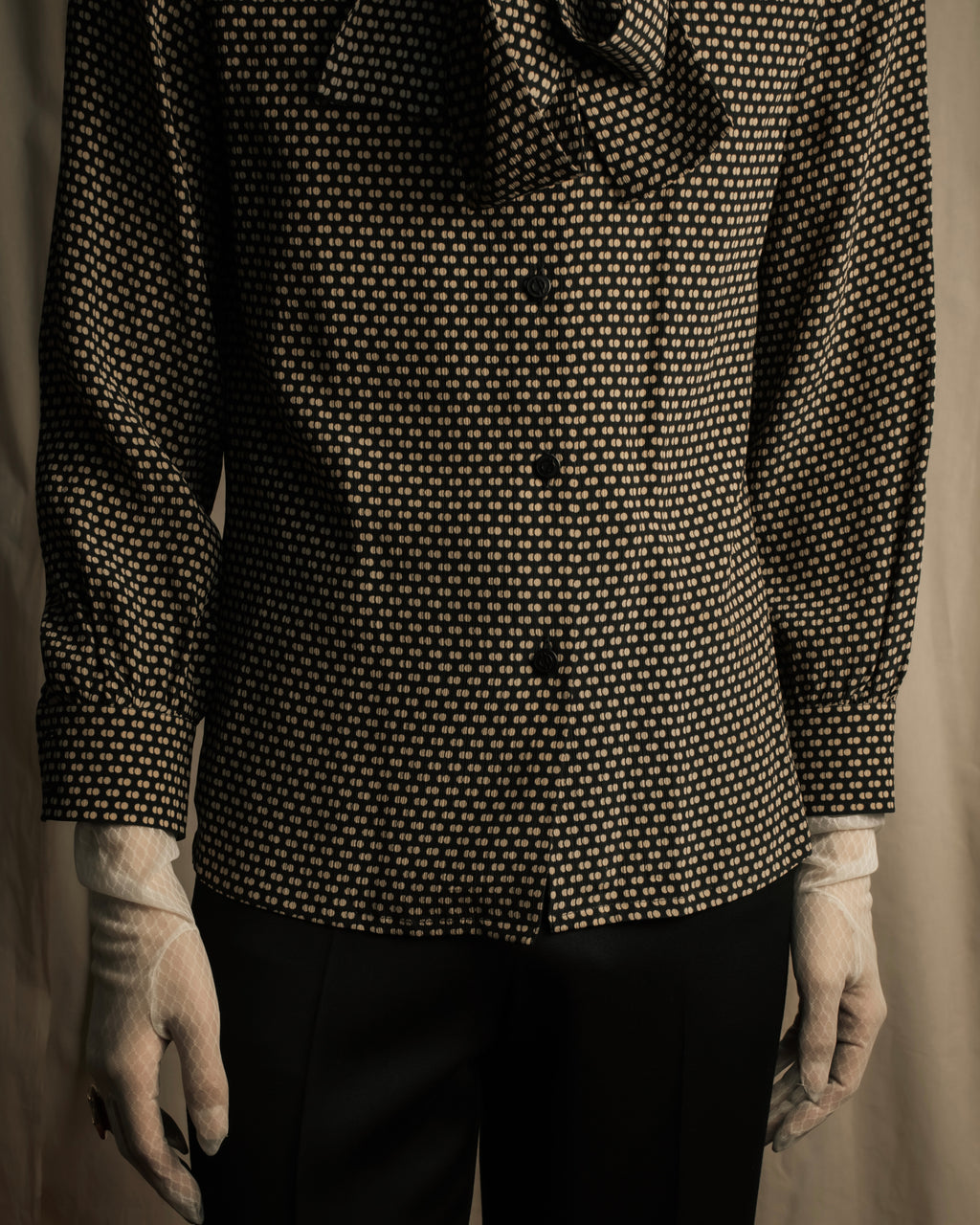 "Christian Dior PRETA PORTER" Ivory polka dot bow tie blouse