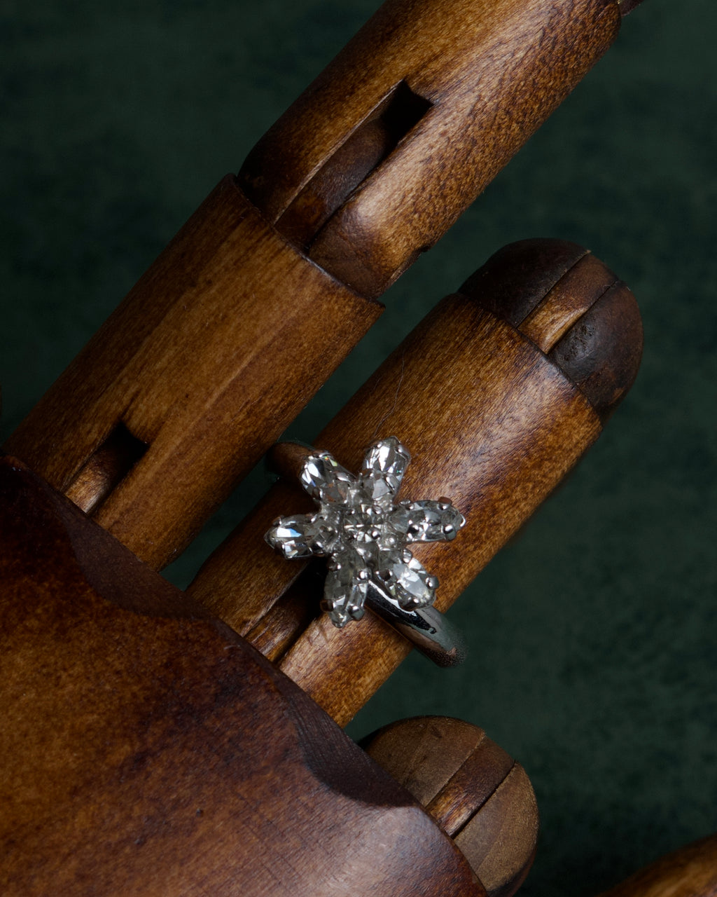 "Christian Dior" Flower motif rhinestone silver ring