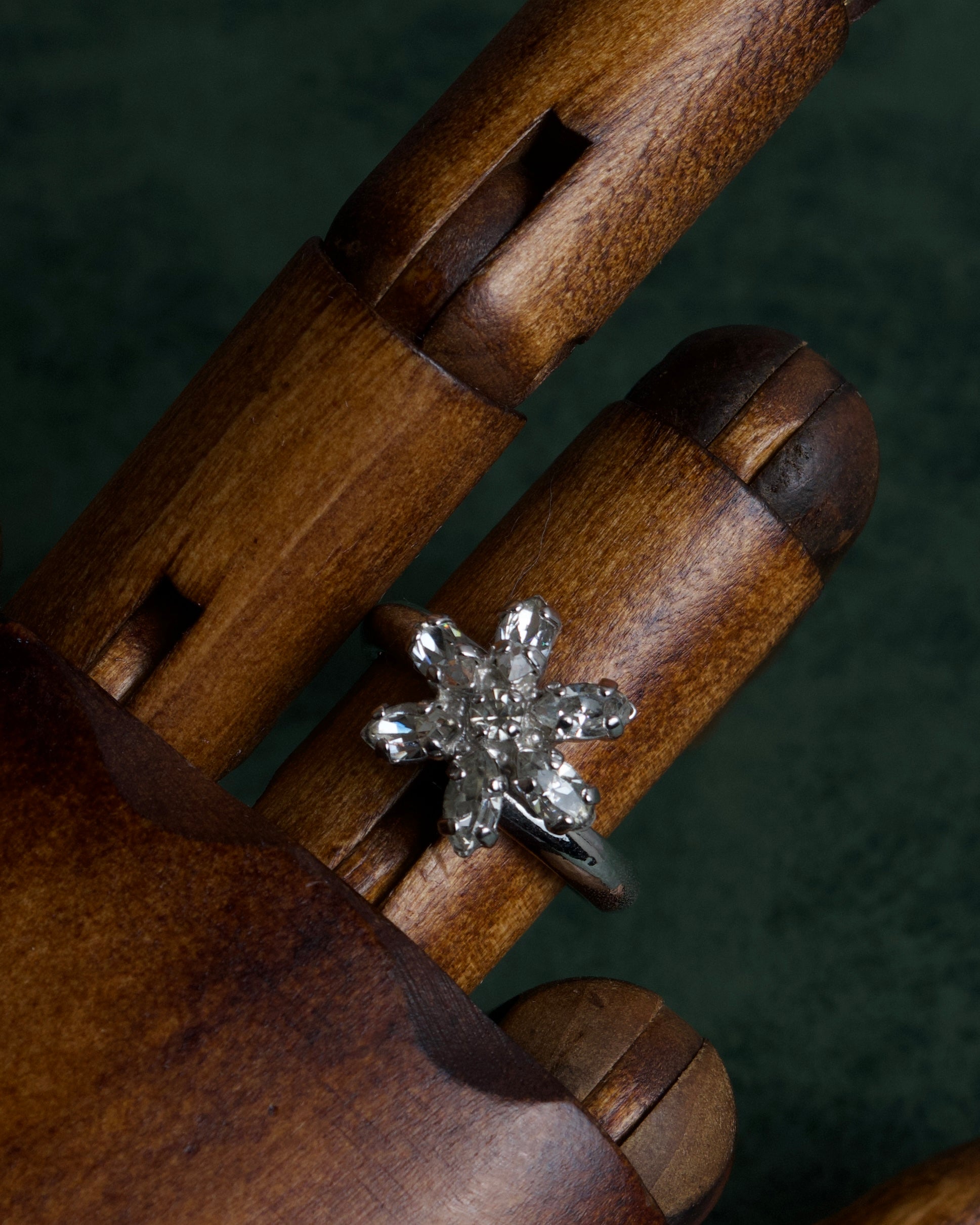 "Christian Dior" Flower motif rhinestone silver ring