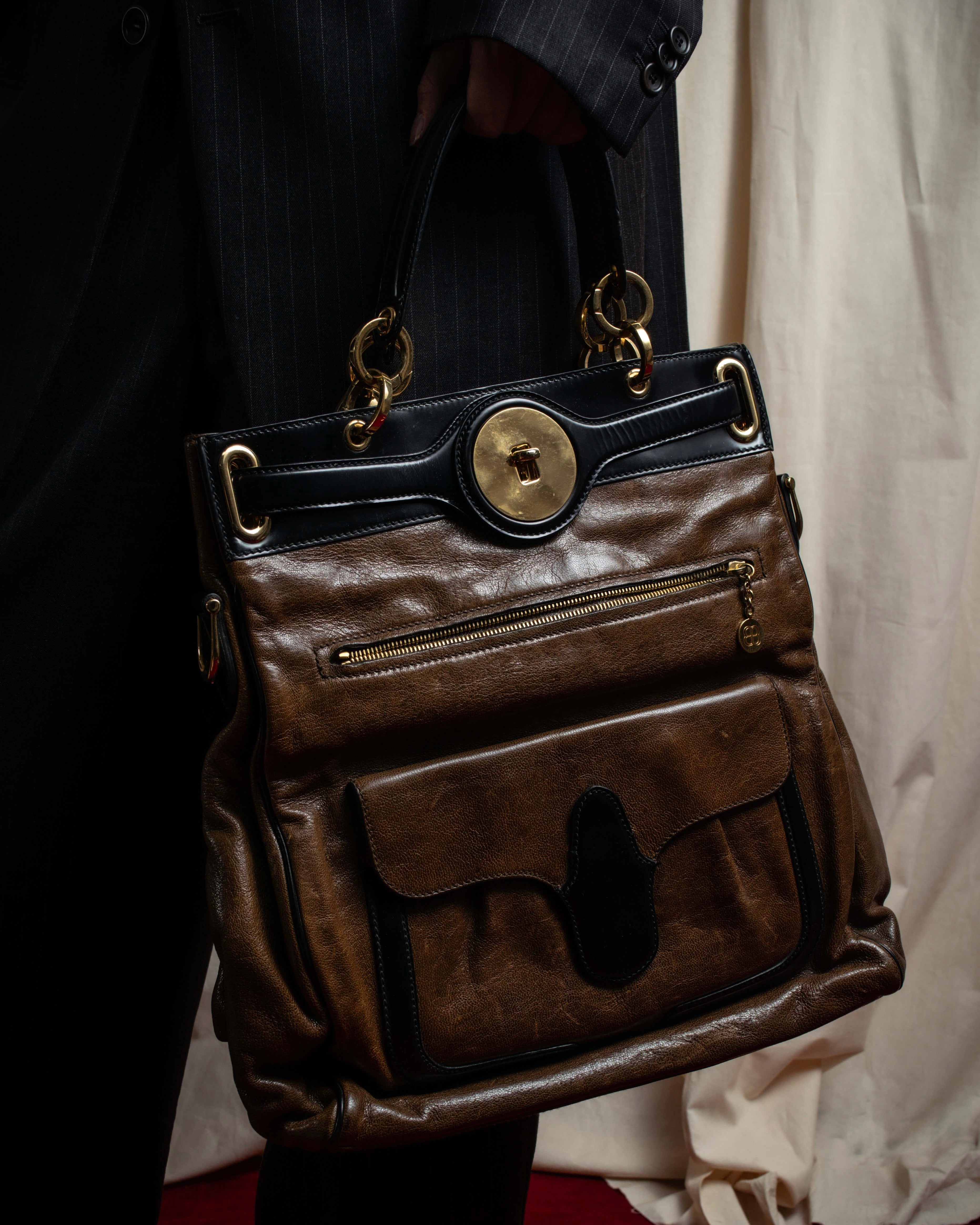 "BALENCIAGA" Gold turn lock design leather combination bag