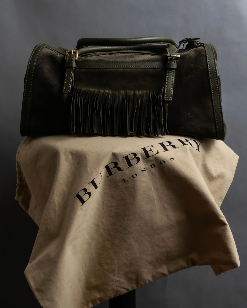 "BURBERRY" Olive green fringe design boston bag