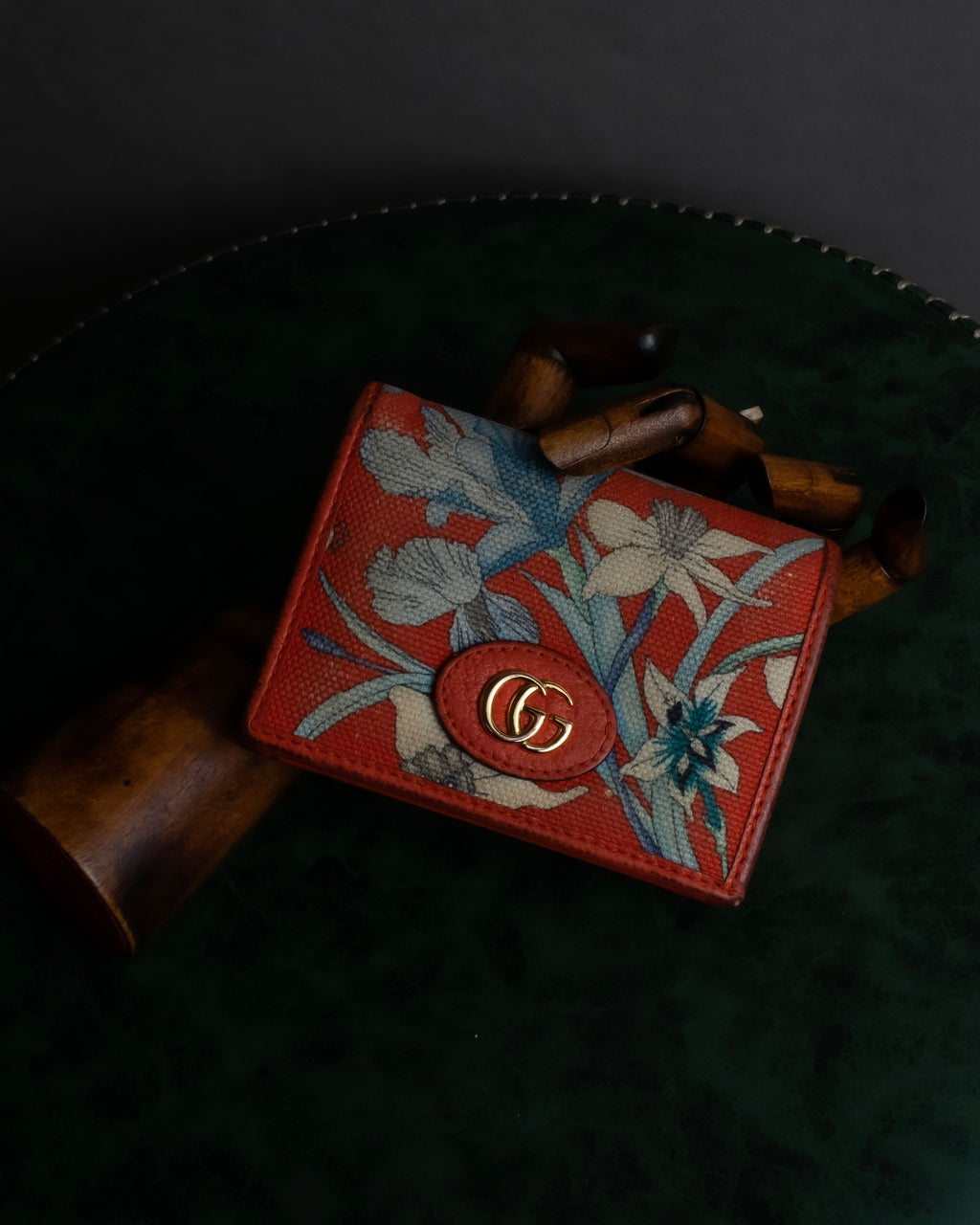 "GUCCI" Botanical pattern double G motif leather bifold wallet