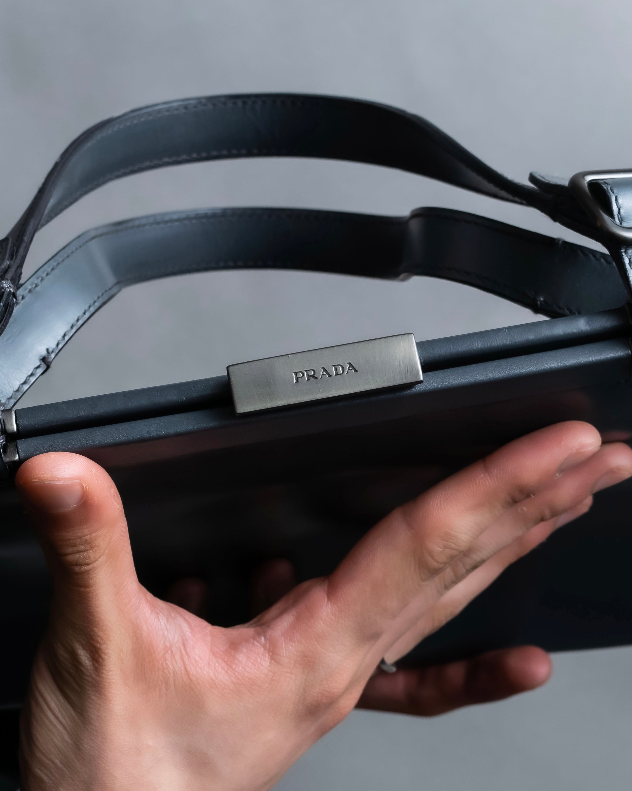 "PRADA" Clasp design grey-blue leather bag