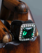 "GUCCI" Emerald color rhinestone GG motif engraved signet ring