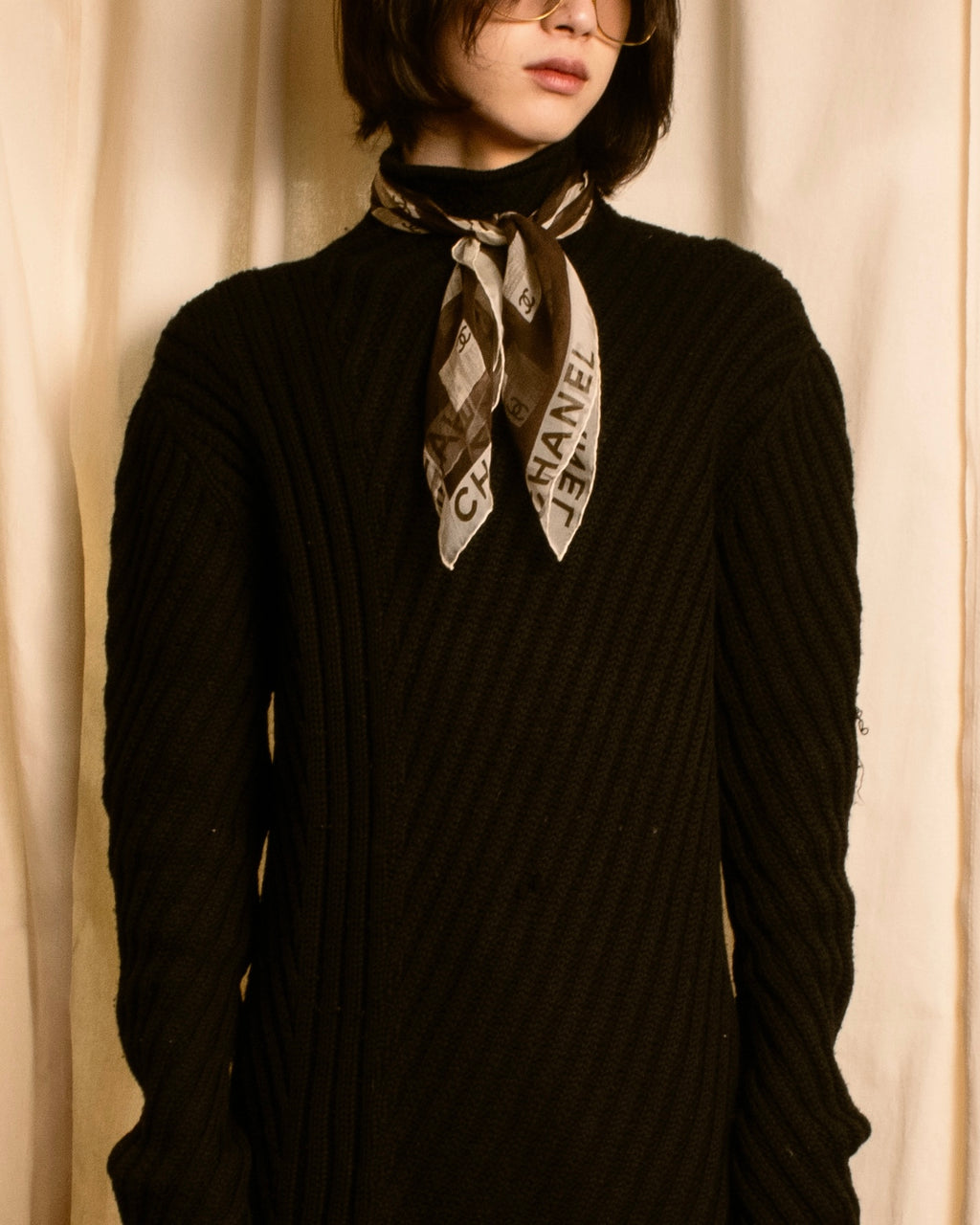 "CHANEL" 90's Square icon logo pattern sheer silk scarf