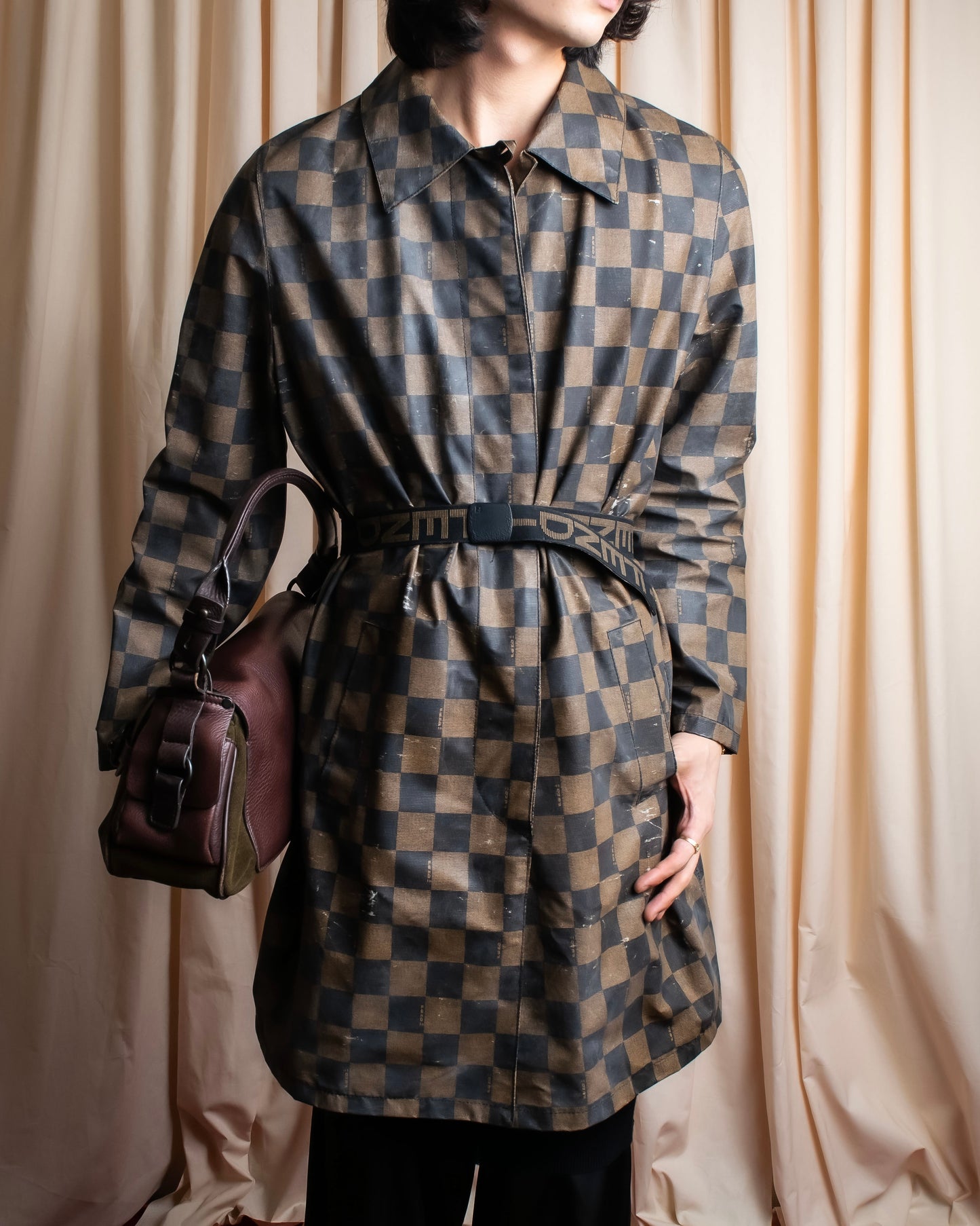 "FENDI" Pecan checkered belted mid length coat