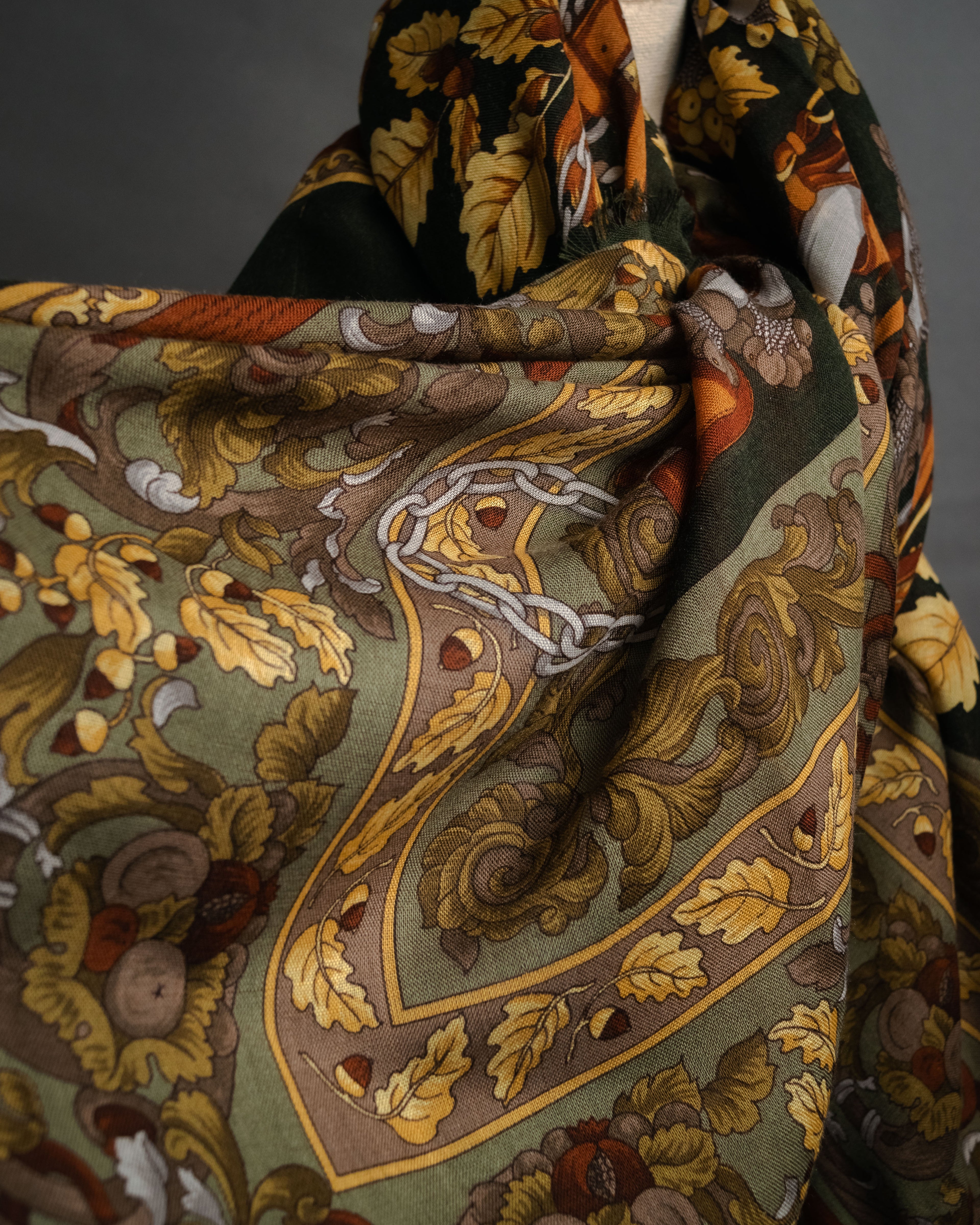 “LOEWE” 90’s–00’s Equestrian motif wool silk fringe scarf