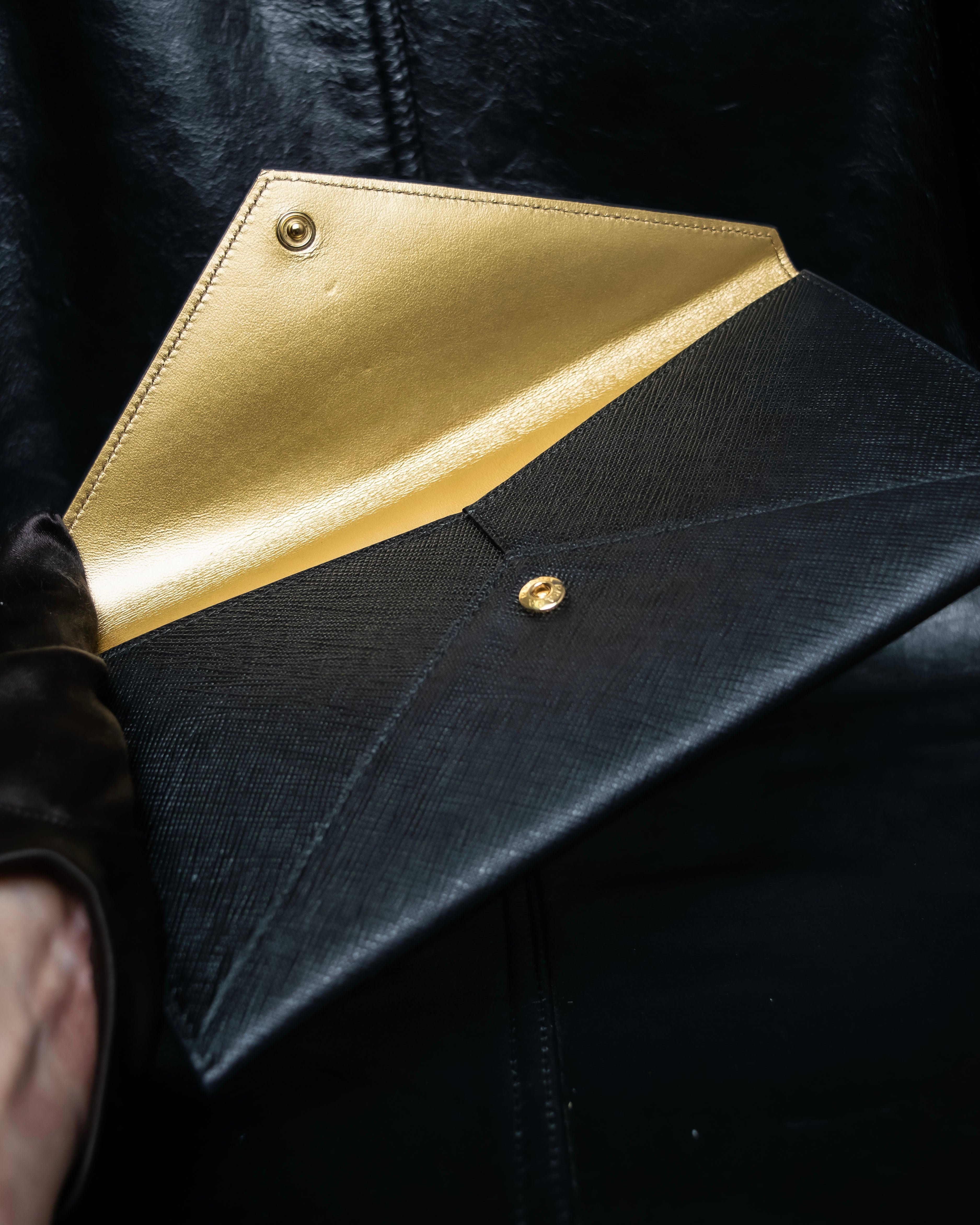 “PRADA” Letter shape gold lining leather Document Case