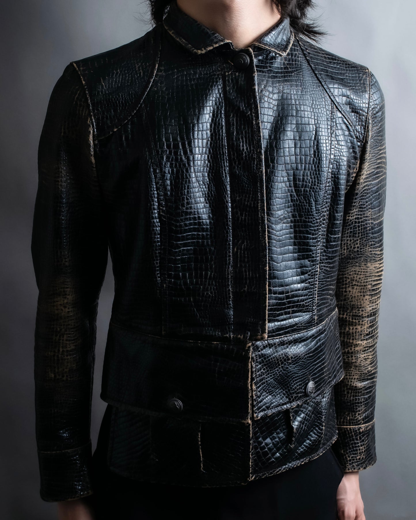 "CHANEL" Crocodile look synthetic leather jacket