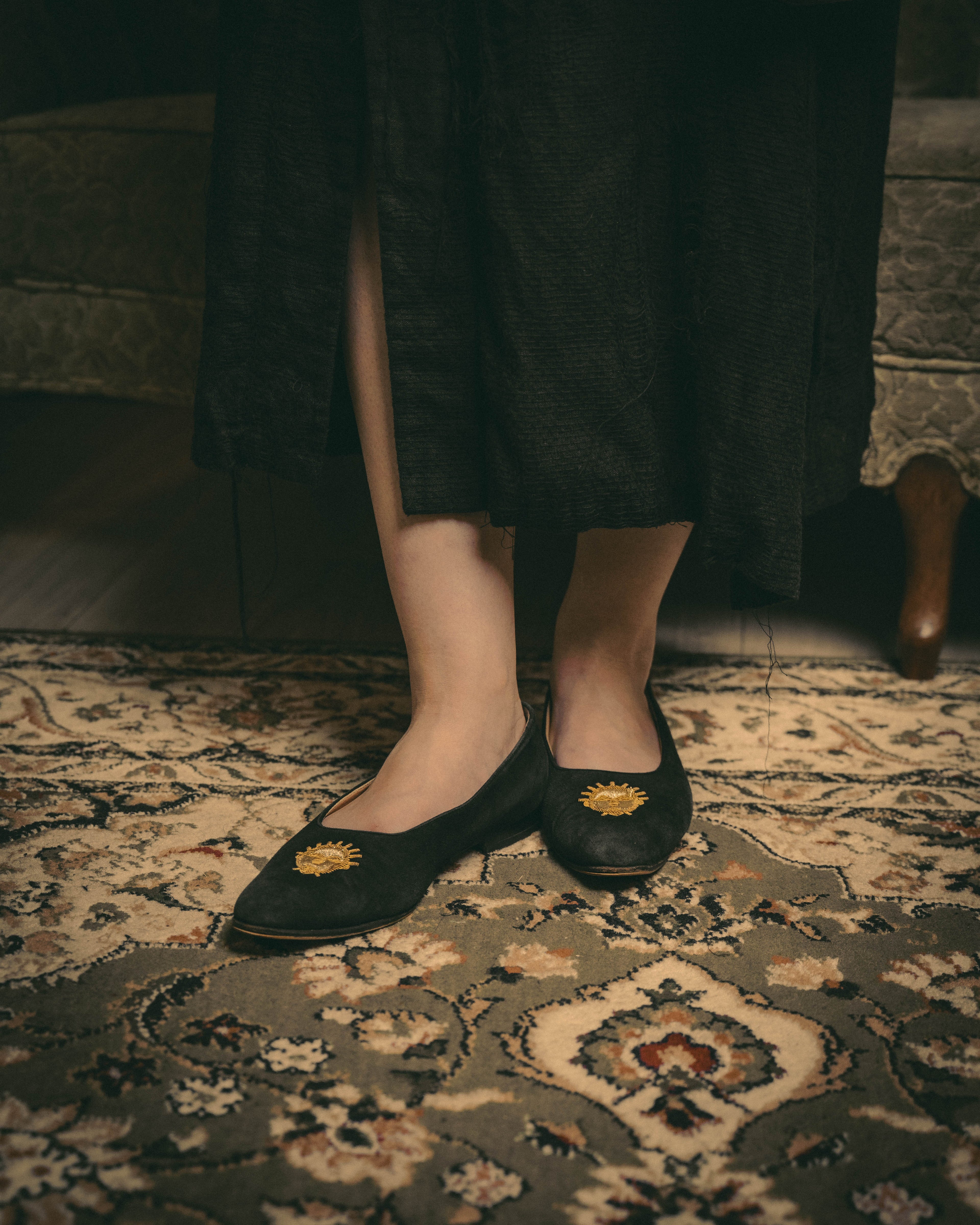 -SPECIAL- "Hermès" 80's-90's Gold embroidered suede loafers