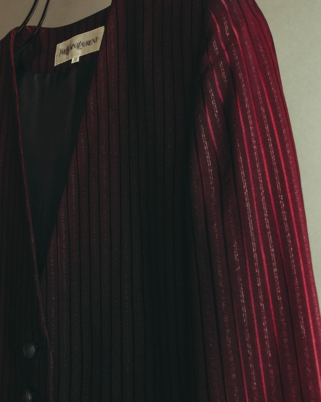 -SPECIAL- “Yves Saint Laurent“ 80's-90's Swiss fabric lurex stripe collarless long jacket