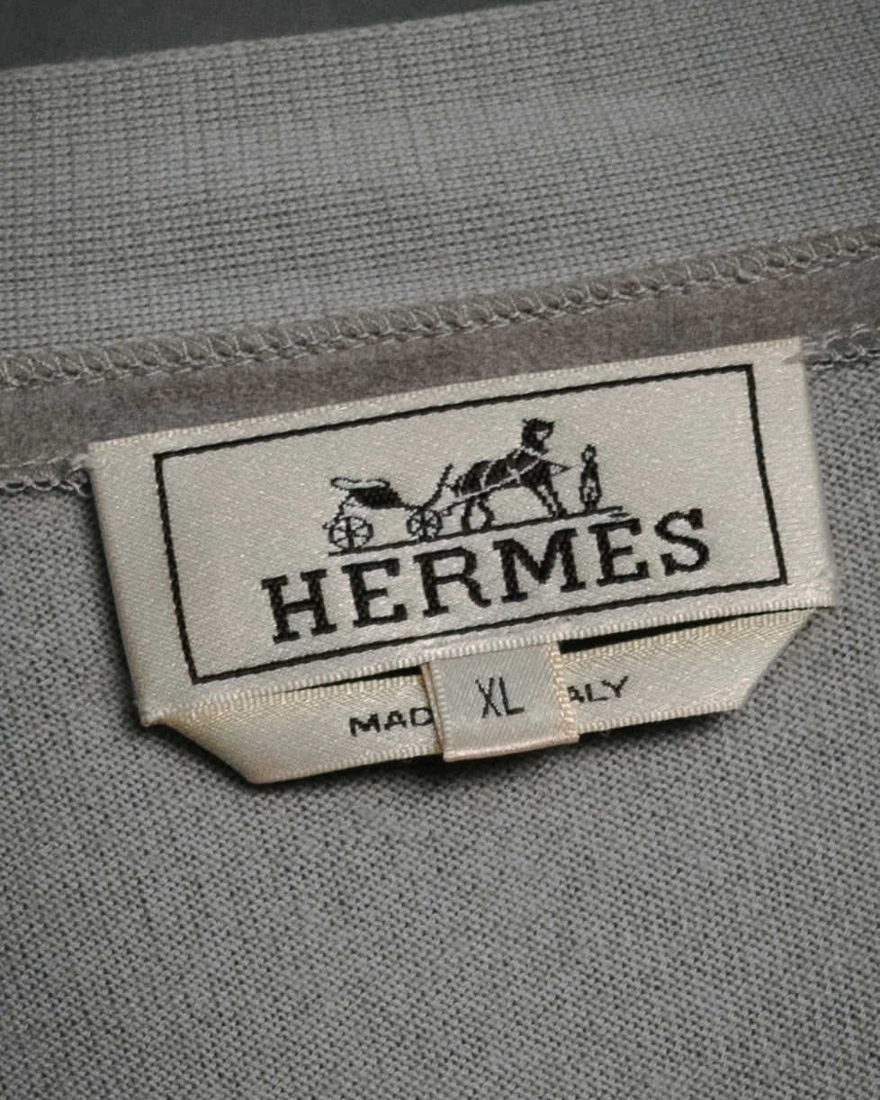 “HERMES” 2000’s Lambskin trimmed high gauge wool cardigan
