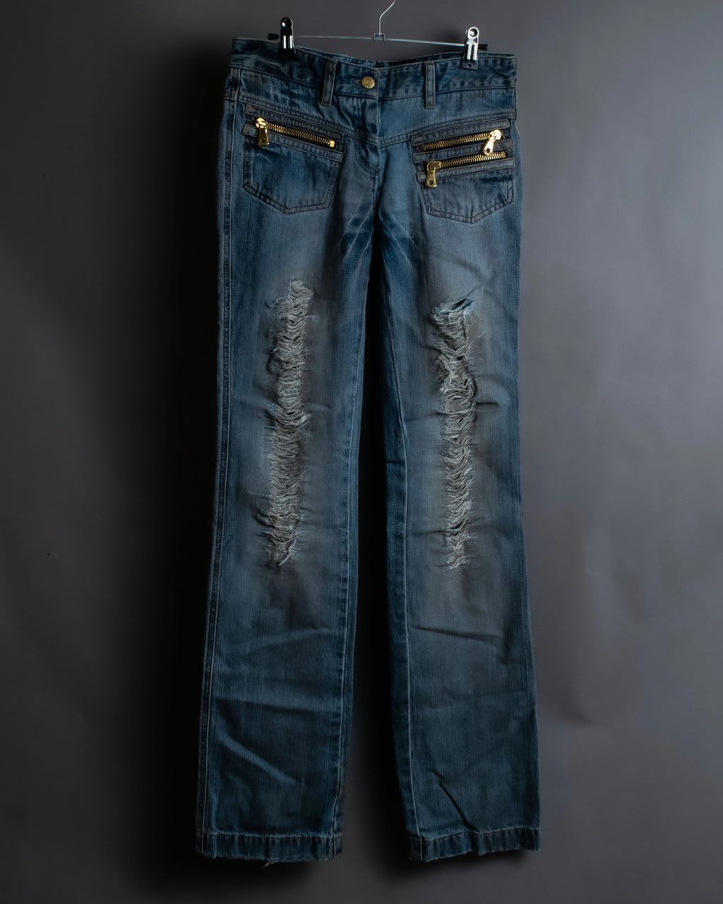 "Dolce & Gabbana" Gold zip detail distressed straight denim