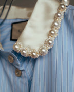 -SPECIAL- "GUCCI" 2010's-20's Pearl embellished detachable collar striped long shirt