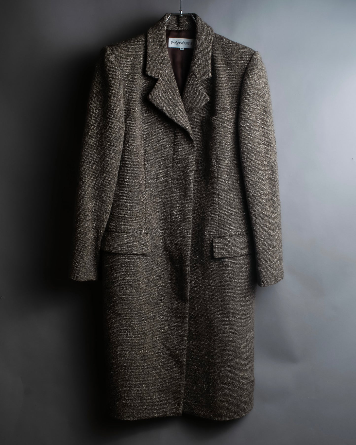 "Yves Saint Laurent Rive Gauche"
Fly front tweed chester coat