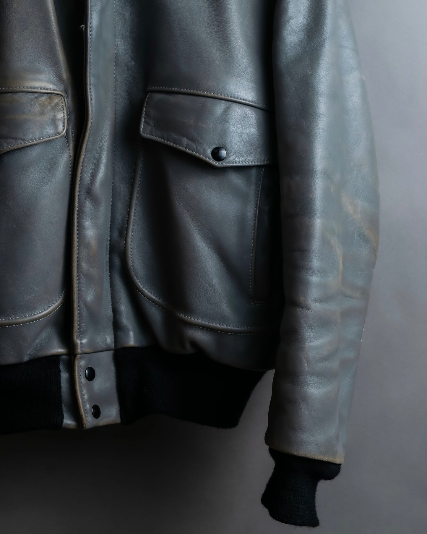 "VANSON" Out pocket design ribbed leather jacket