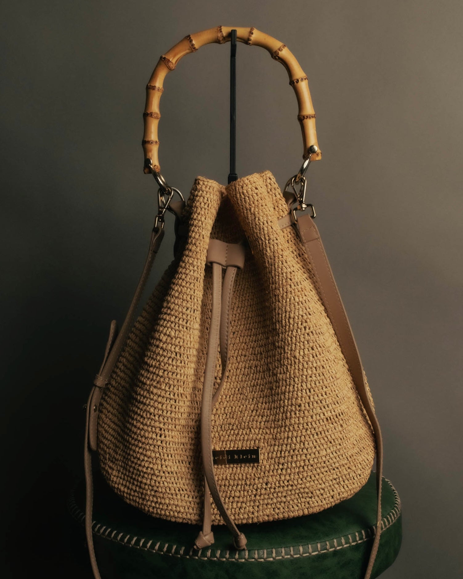 “Heidi Klein” Natural raffia bamboo handle bucket bag