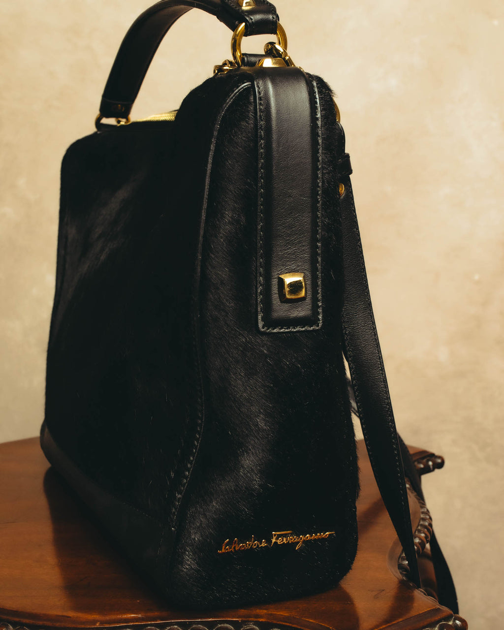 "Salvatore Ferragamo" 90's-00's Textured calf hair shoulder bag