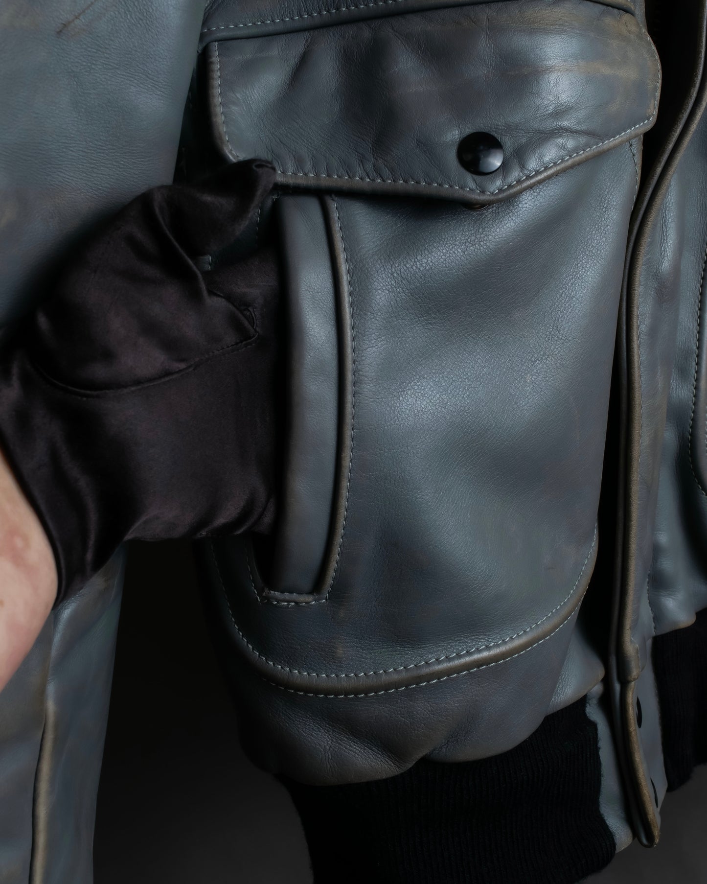 "VANSON" Out pocket design ribbed leather jacket