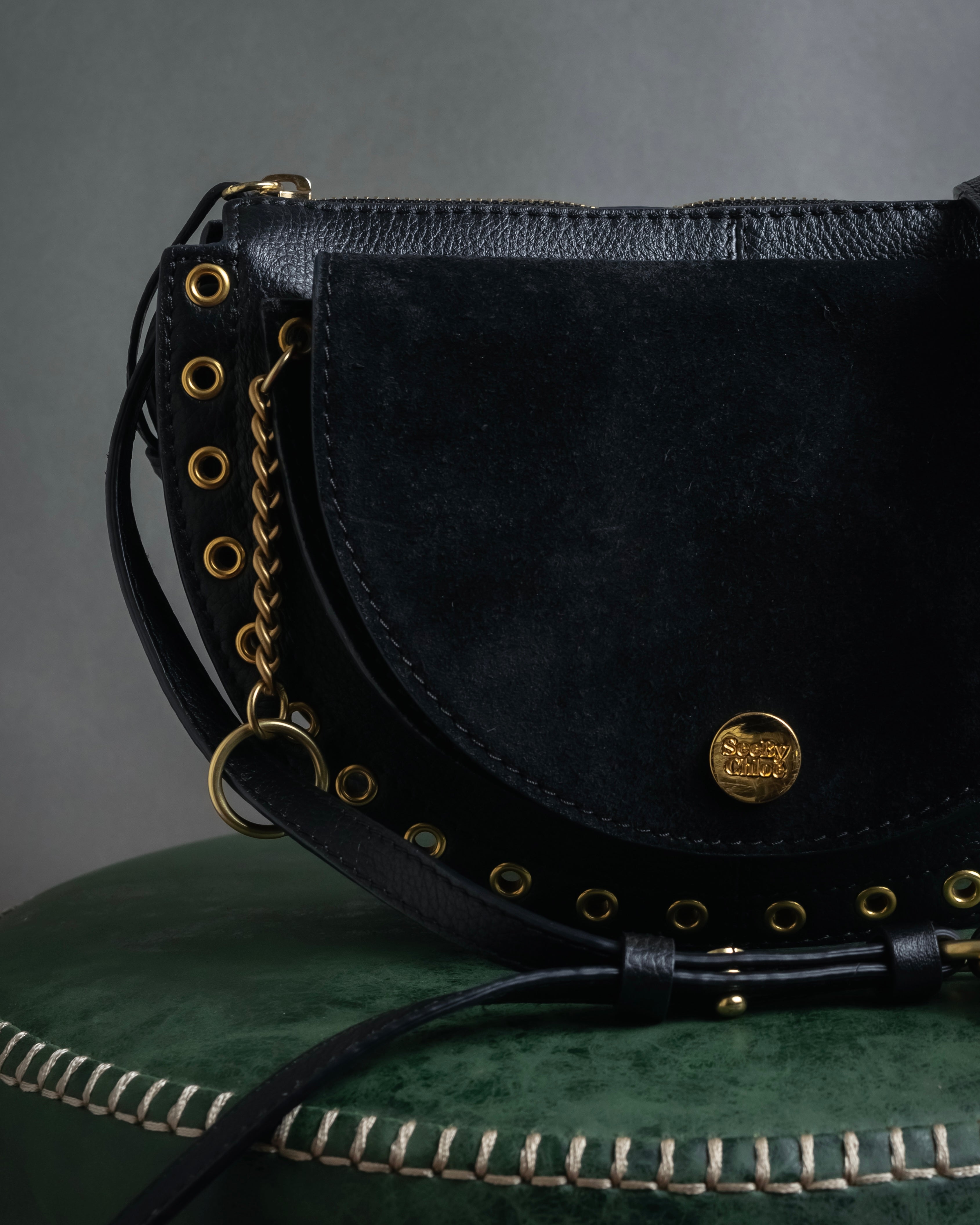 "See by Chloé" Half-moon grommet-detail suede shoulder bag