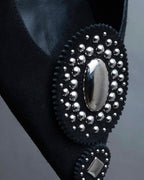 "HERMES" Jewelry design suede heel pumps