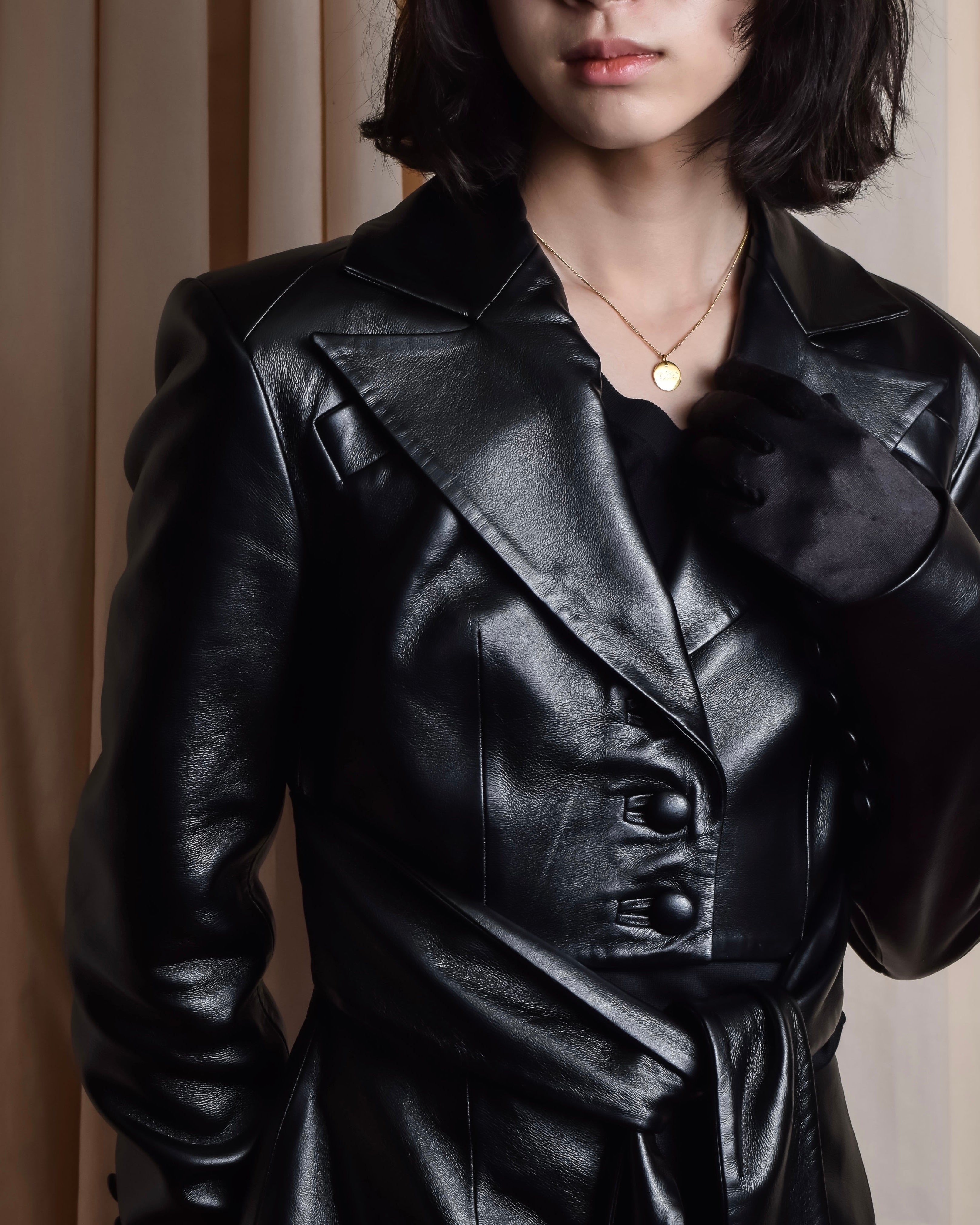 "MATÉRIEL TBILISI" Draped belted synthetic leather long jacket