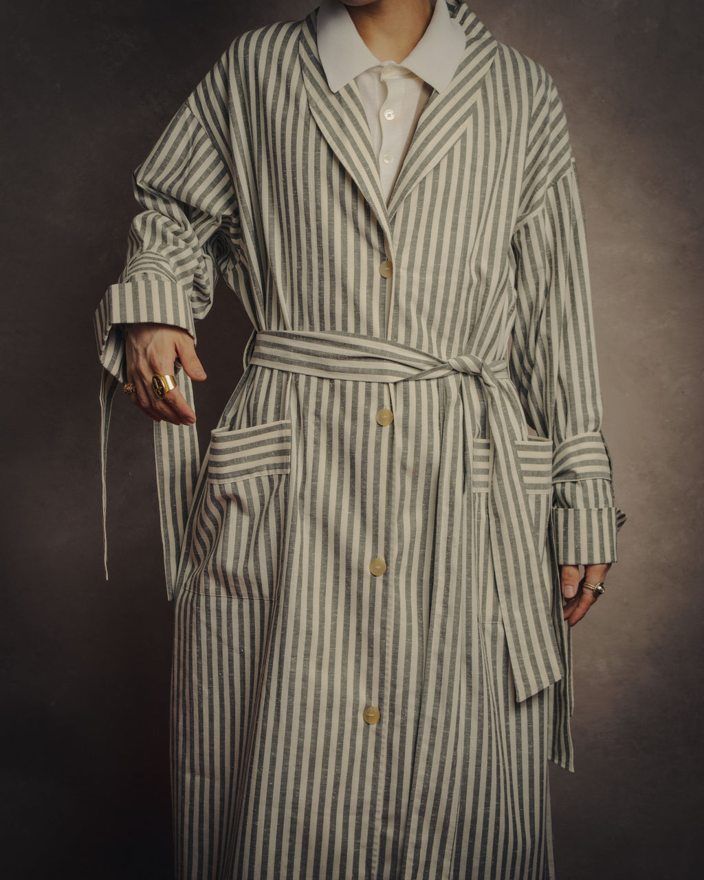 -SPECIAL- “LOEWE” 2010’s striped ribbon sleeve long gown coat