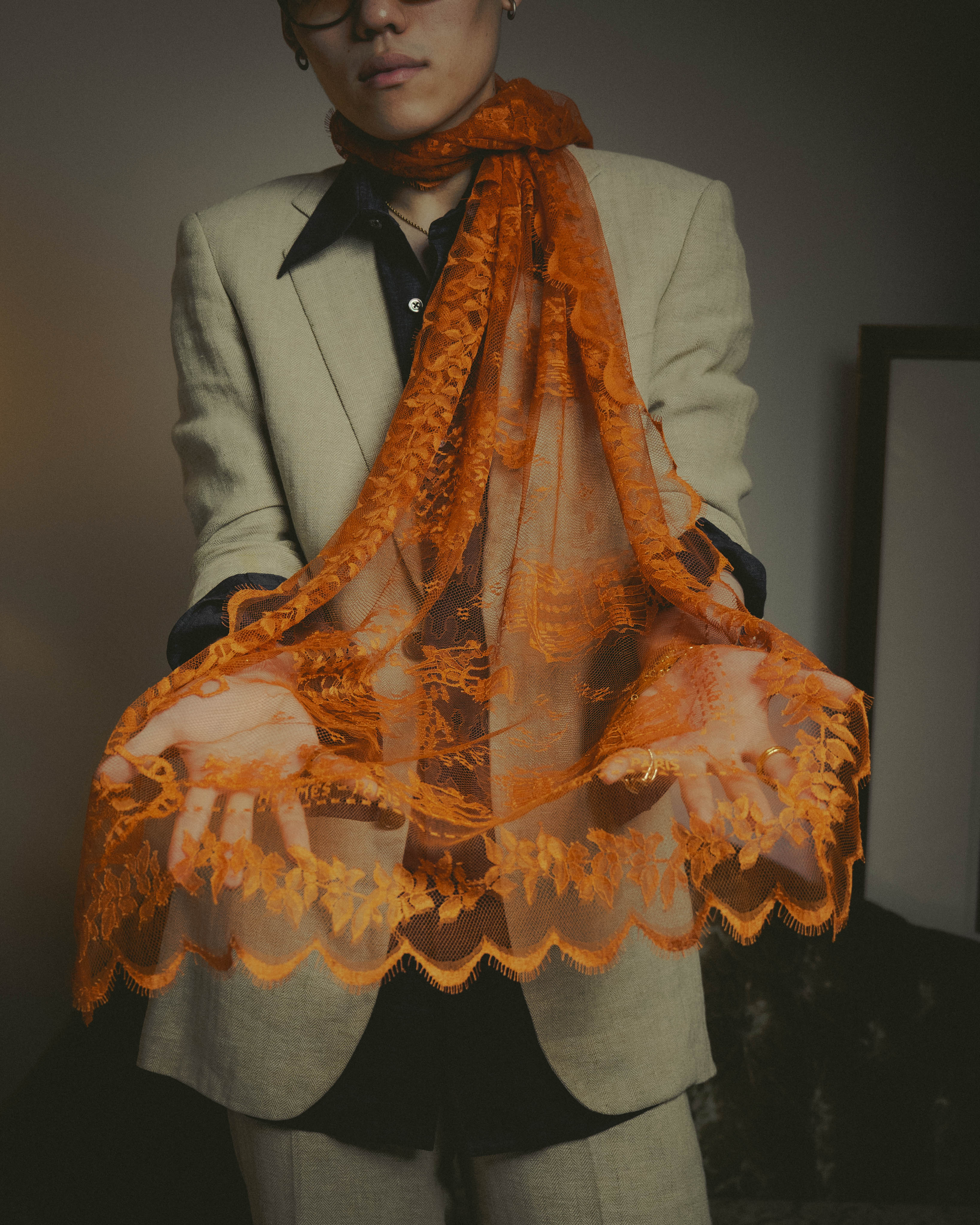 -SPECIAL- “HERMÈS” 2000’s-2010’s orange floral mesh lace stole
