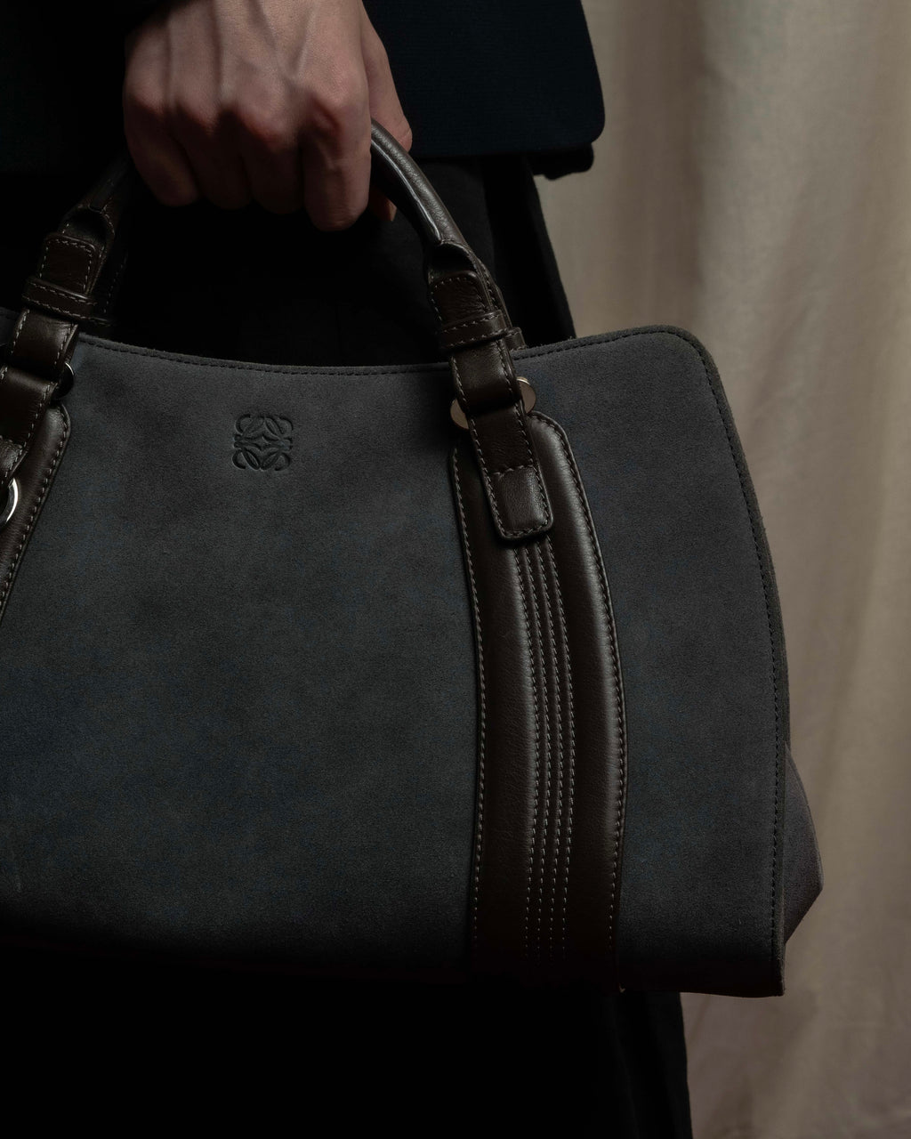 "LOEWE" Harness design logo engraved suede leather hand bag