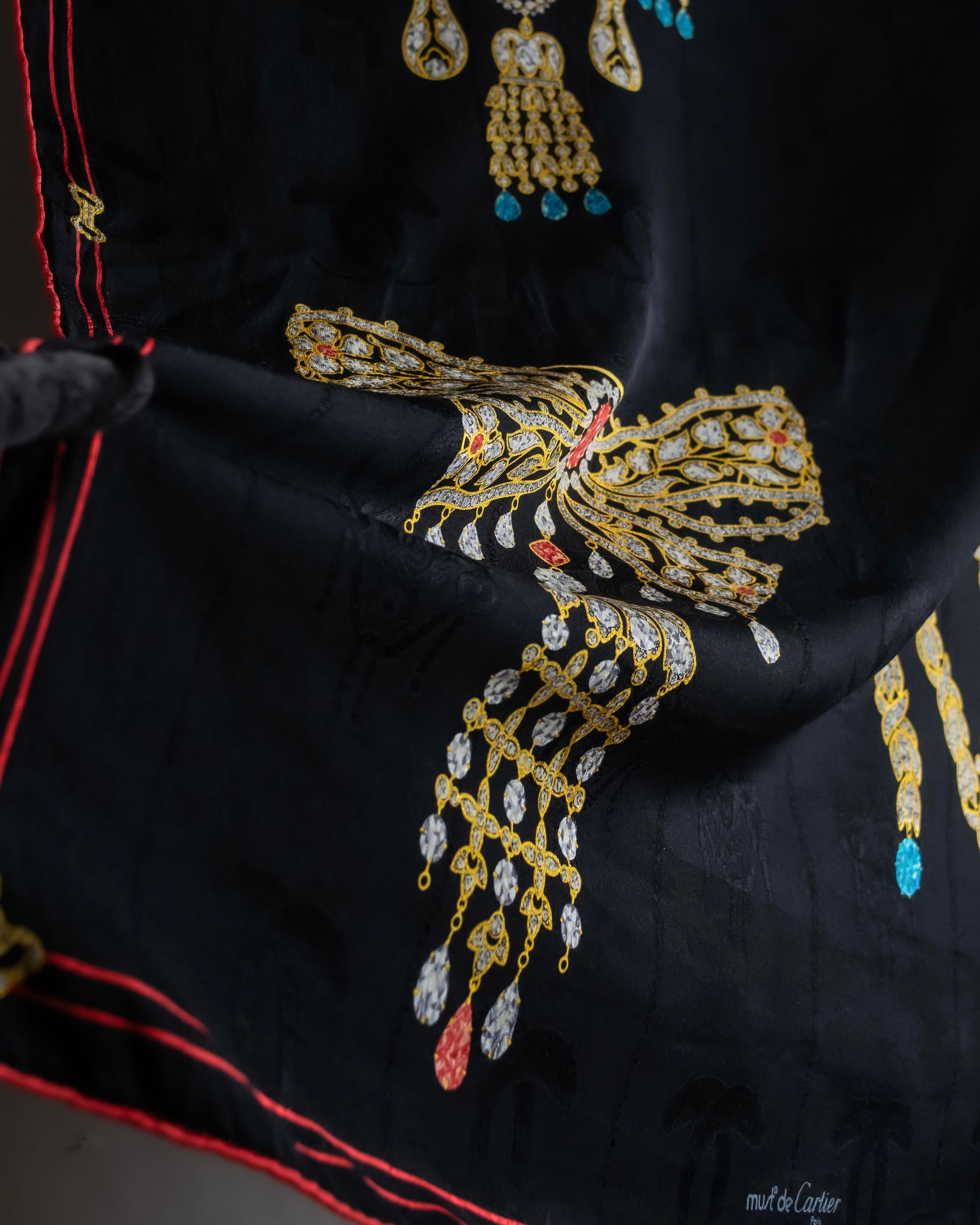 "Cartier" Gemstone brooch motif silk square scarf