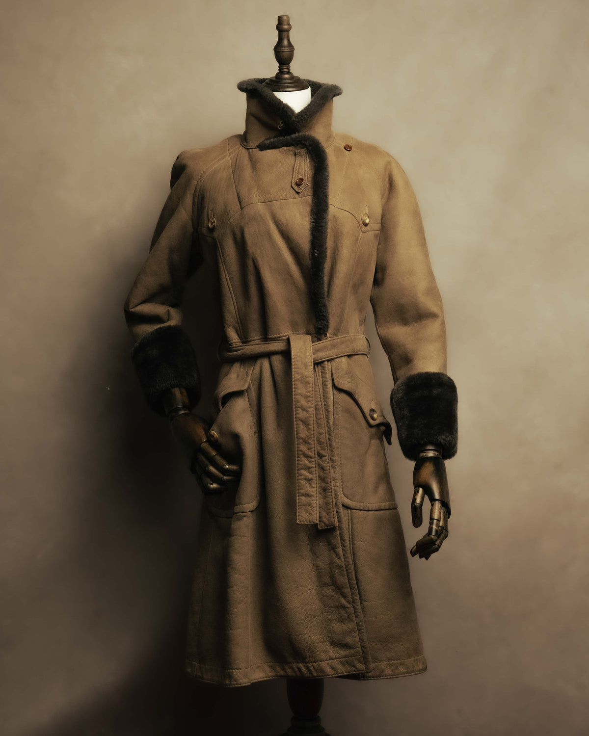 “LOEWE” 70’s-early 90’s Suede shearling belted long coat