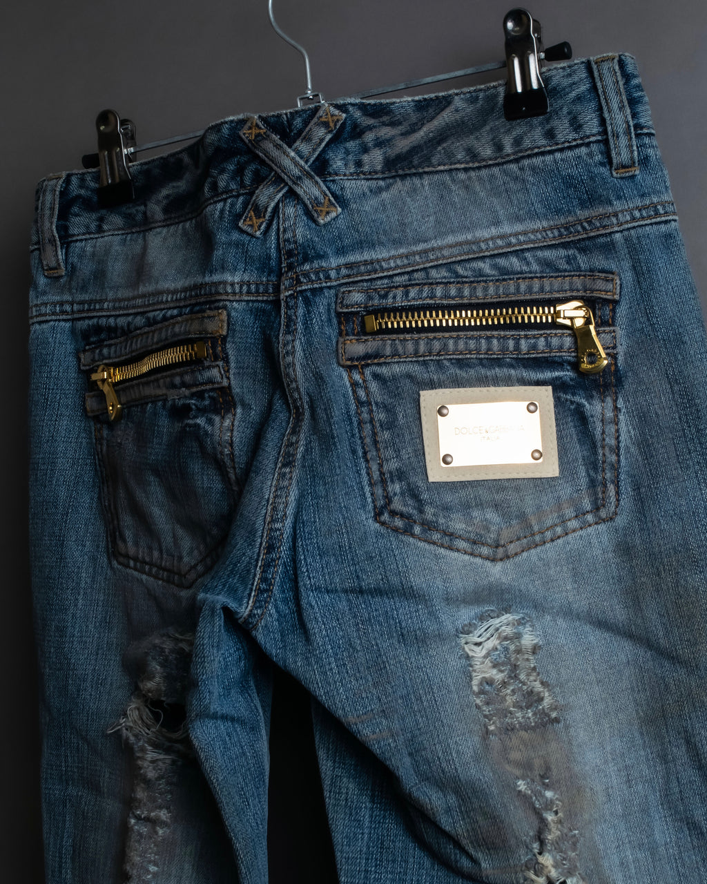 "Dolce & Gabbana" Gold zip detail distressed straight denim