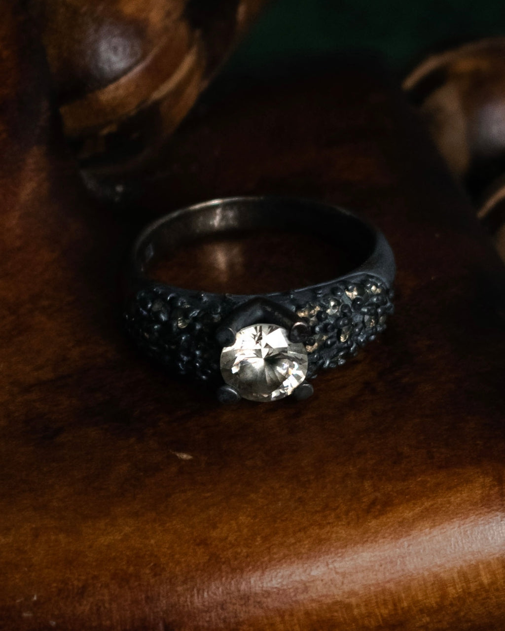 “Vintage” Textured pavé set solitaire ring