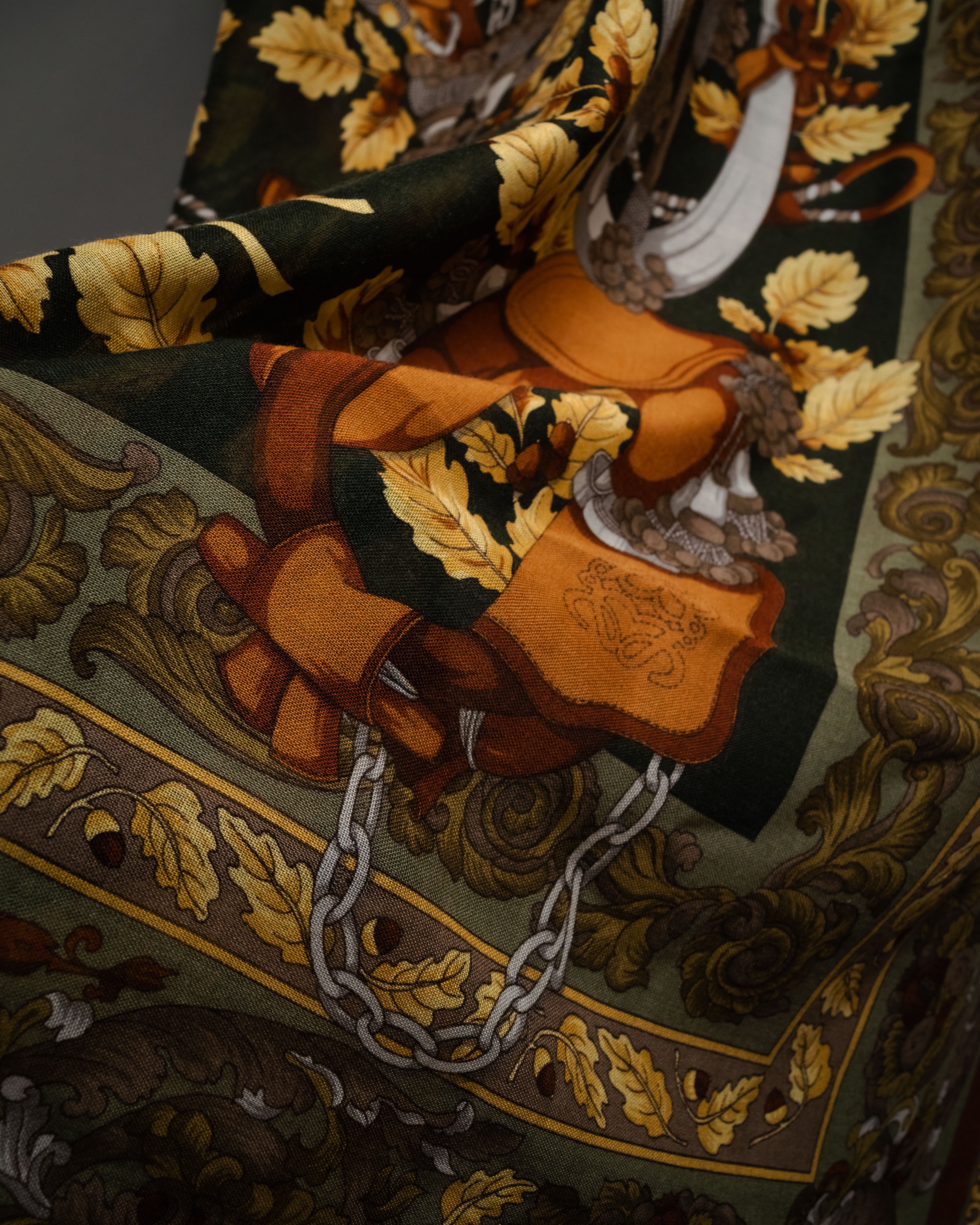 “LOEWE” 90’s–00’s Equestrian motif wool silk fringe scarf