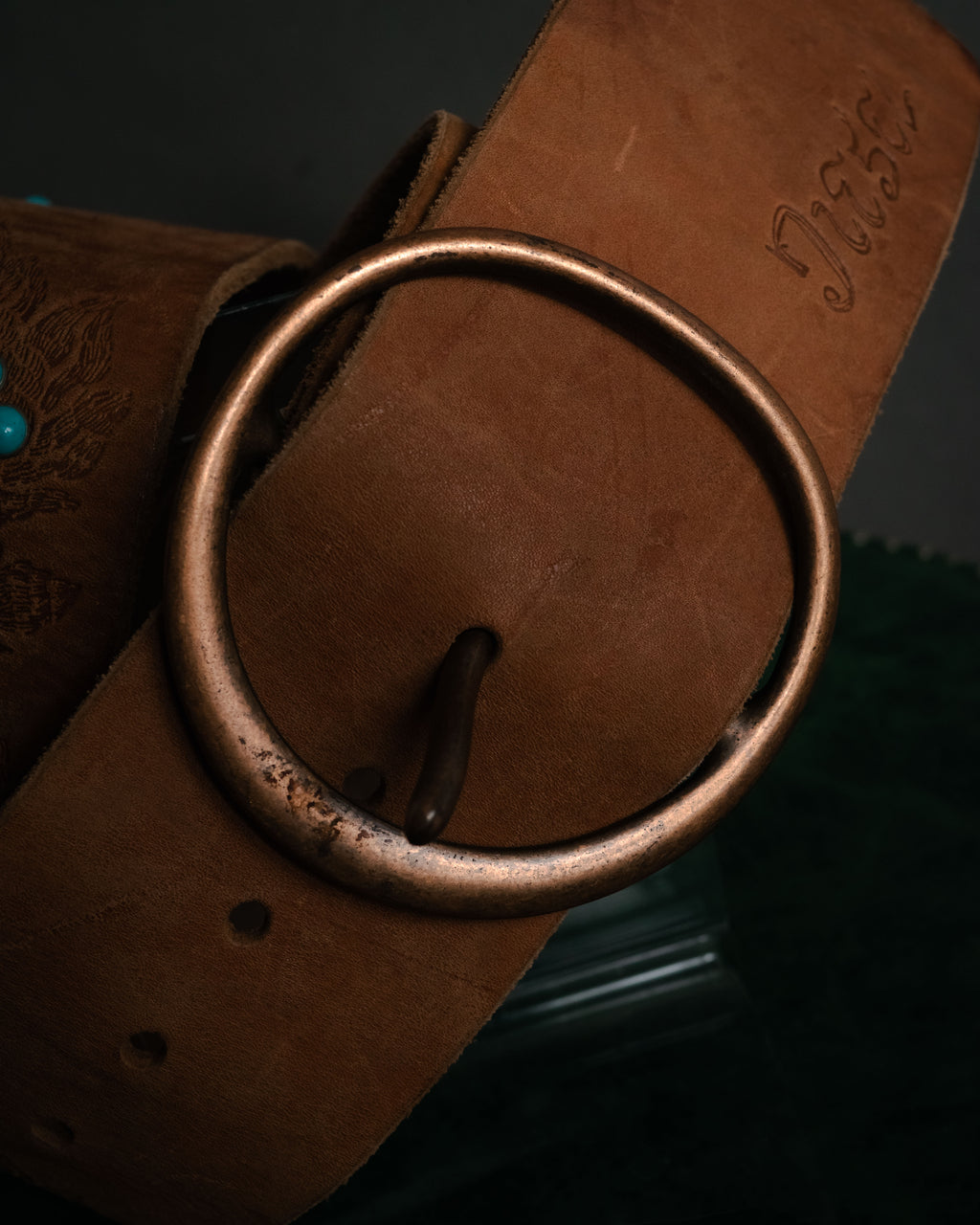 "DIESEL" 00’s Turquoise-studded embossed suede belt