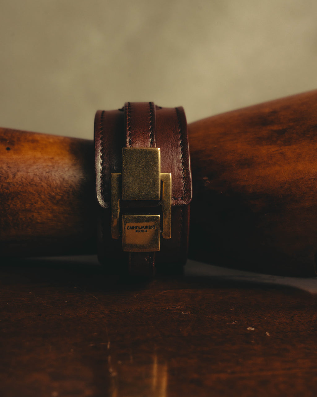–SPECIAL– "Saint Laurent" 10's Burgundy leather wide cuff bracelet with antique gold buckle